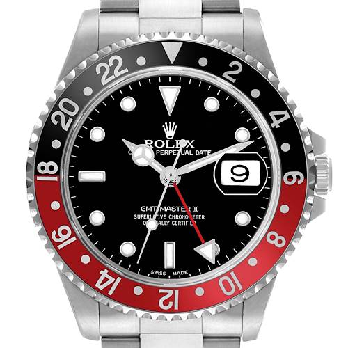 This image shows a Rolex GMT-Master 16710 Men's Stainless Steel Black Dial II watch from a front angle, highlighting the bezel, dial, and part of the bracelet.