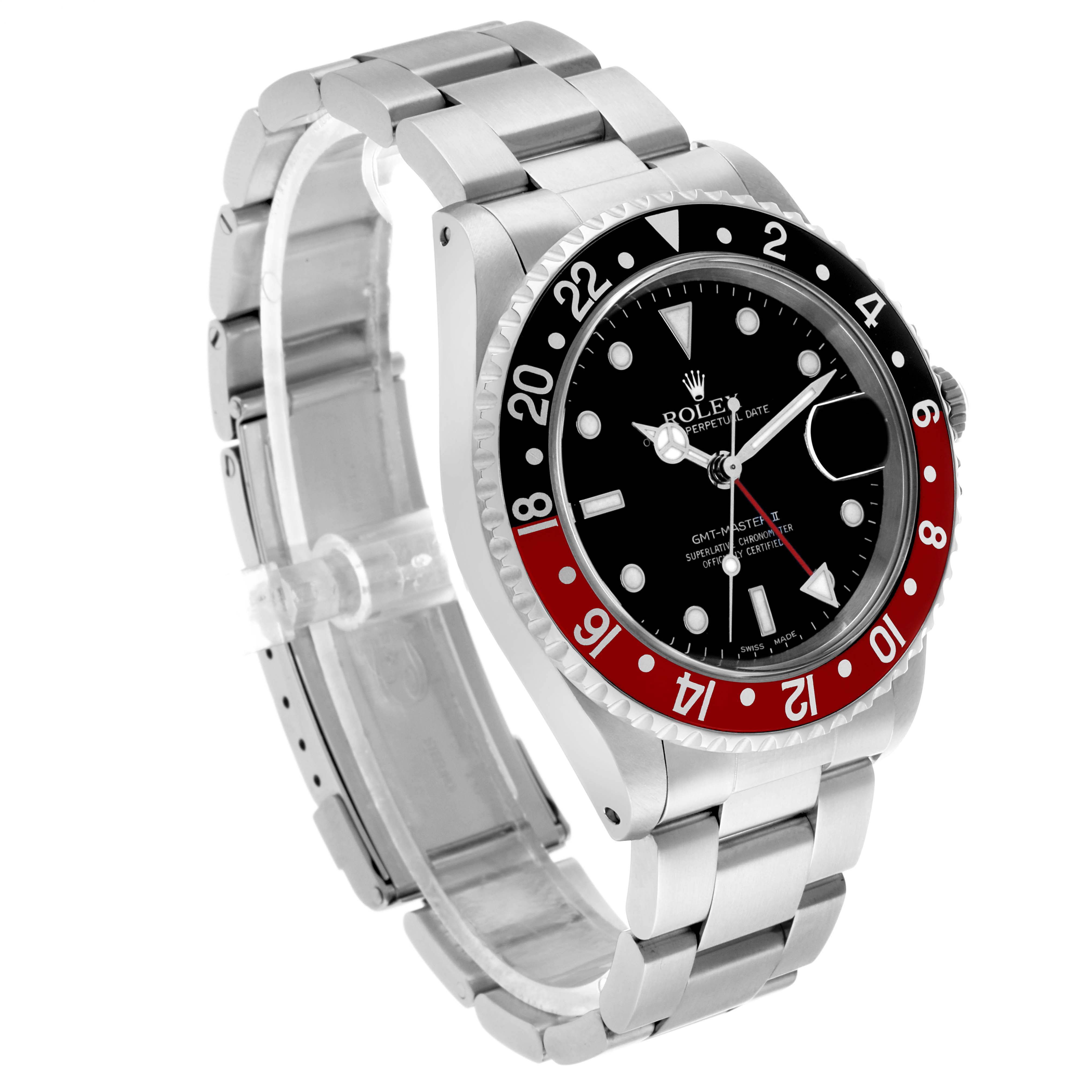 The Rolex GMT-Master 16710 Men's Stainless Steel Black Dial watch is shown at a three-quarter angle, highlighting the bezel, face, and part of the bracelet.
