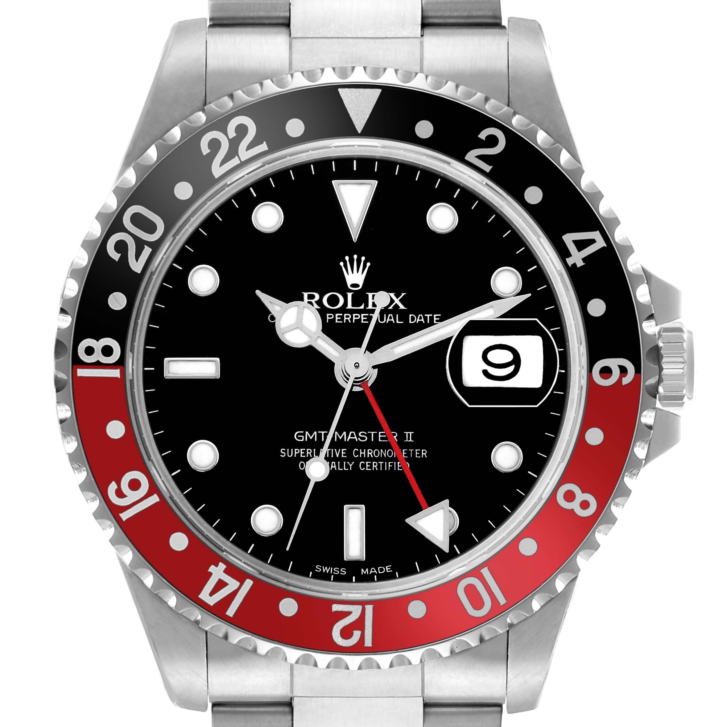 The Rolex GMT-Master 16710 Men's Stainless Steel Black Dial model is shown from the front, highlighting its bezel, face, and crown.