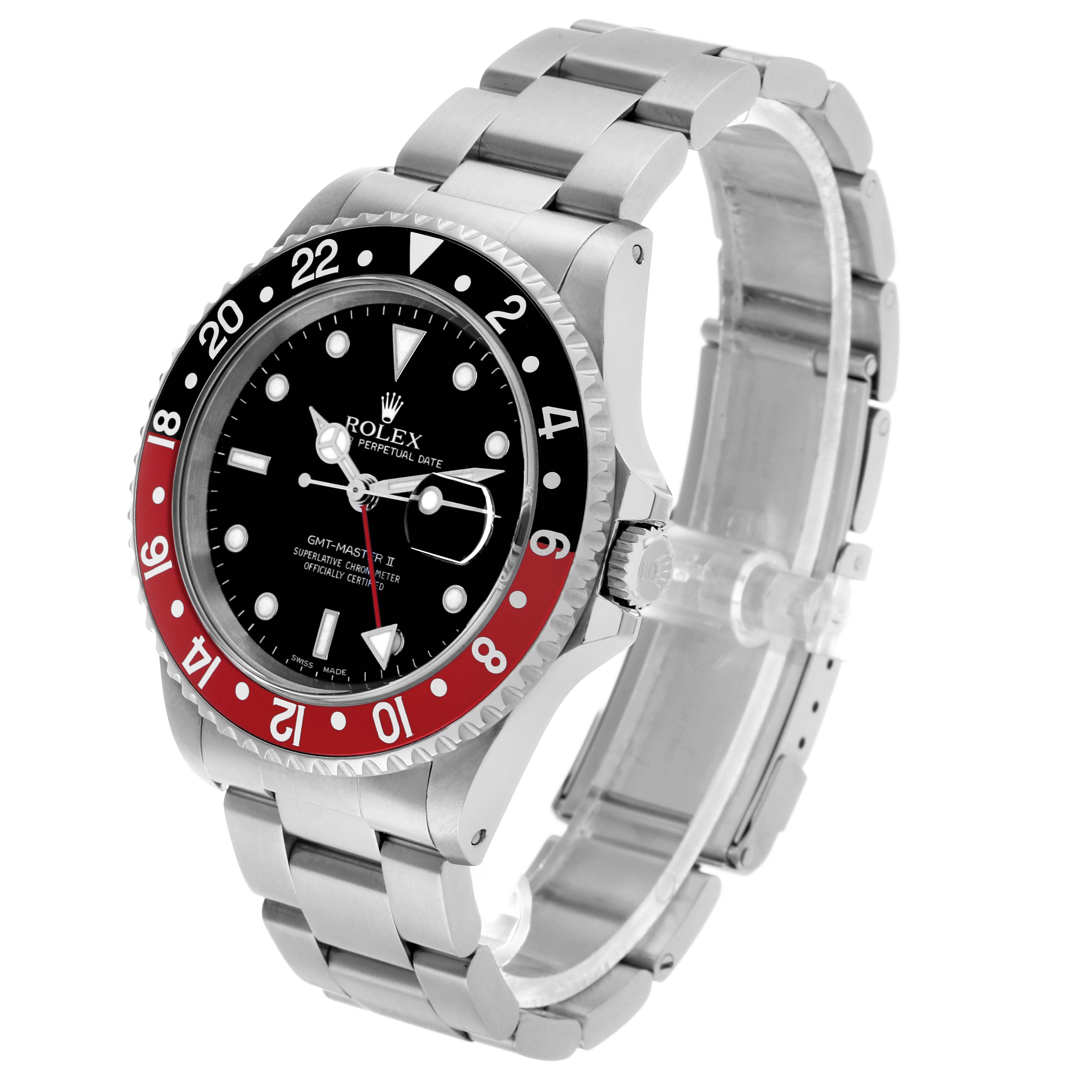 The Rolex GMT-Master 16710 Men's Stainless Steel Black Dial watch is shown at a three-quarter angle, highlighting its bezel, face, crown, and bracelet.