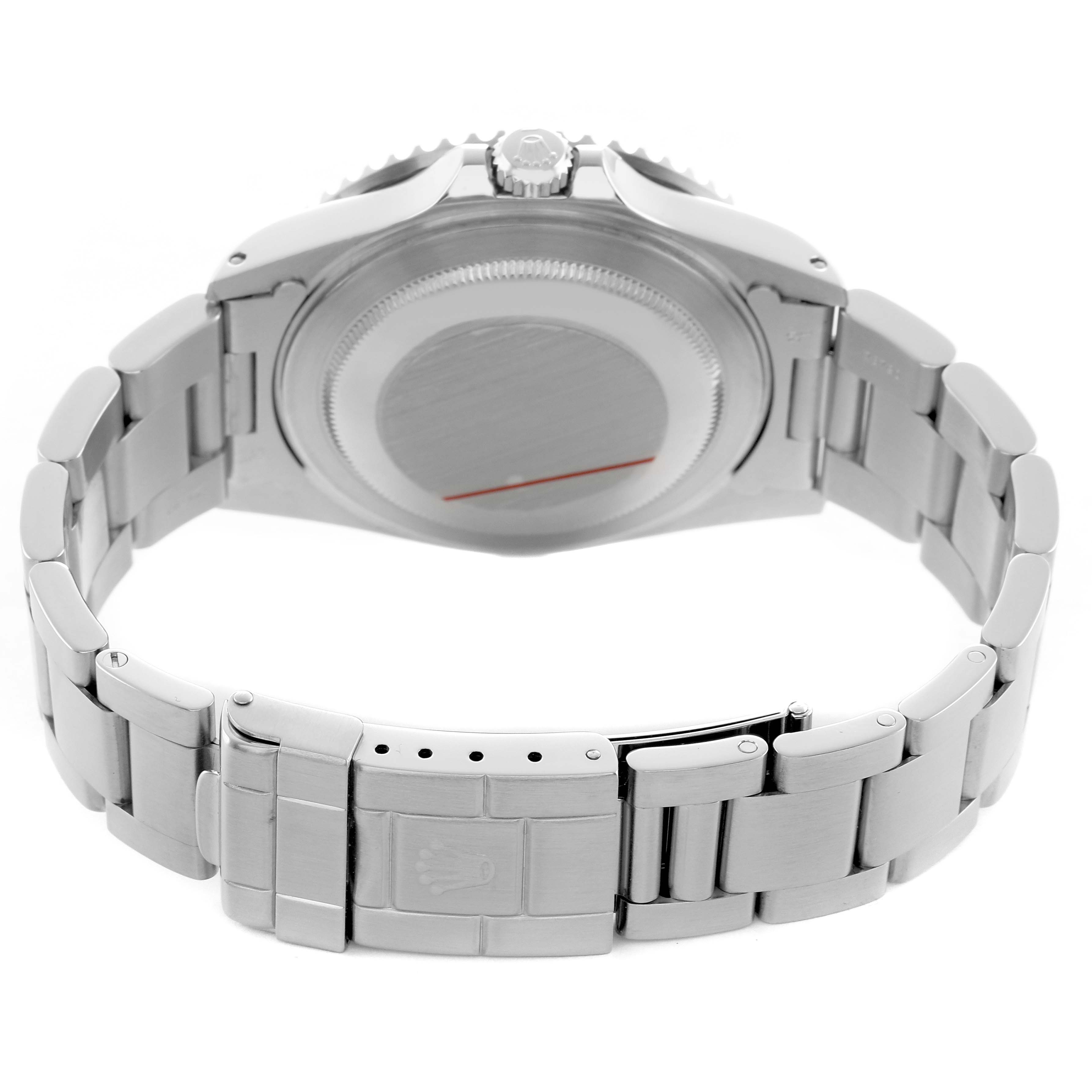 The image shows a Rolex GMT-Master 16710 Men's Stainless Steel Black Dial watch from the back, highlighting the stainless steel bracelet and closed clasp.