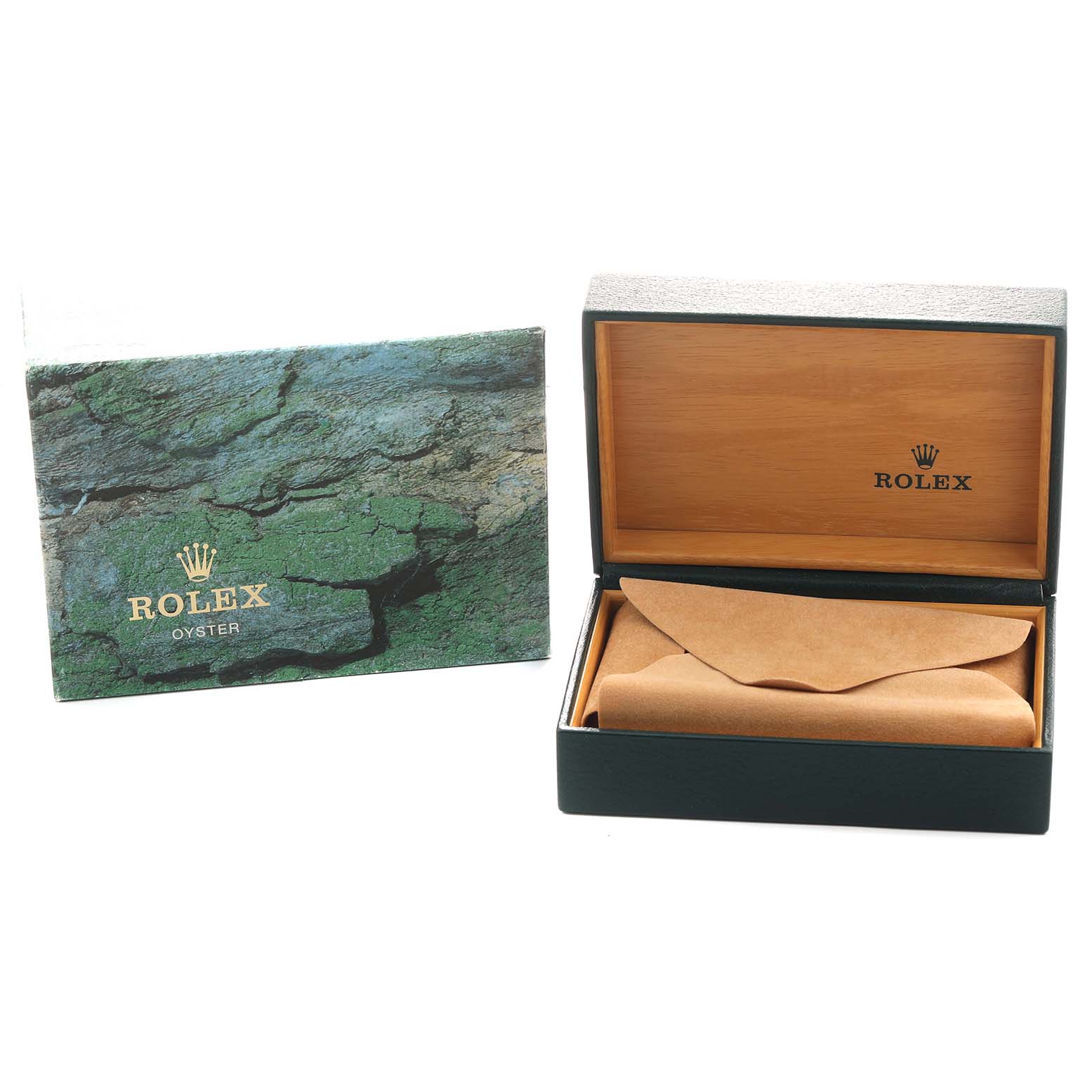 The image shows the packaging of a Rolex GMT-Master 16710 Men's Stainless Steel Black Dial watch, including an open box and an outer box.