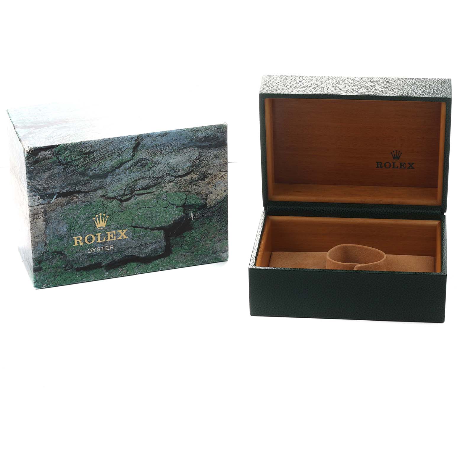 The image shows an open Rolex GMT-Master 16710 Men's Stainless Steel Black Dial watch box with a textured green exterior and wooden interior, alongside its packaging.