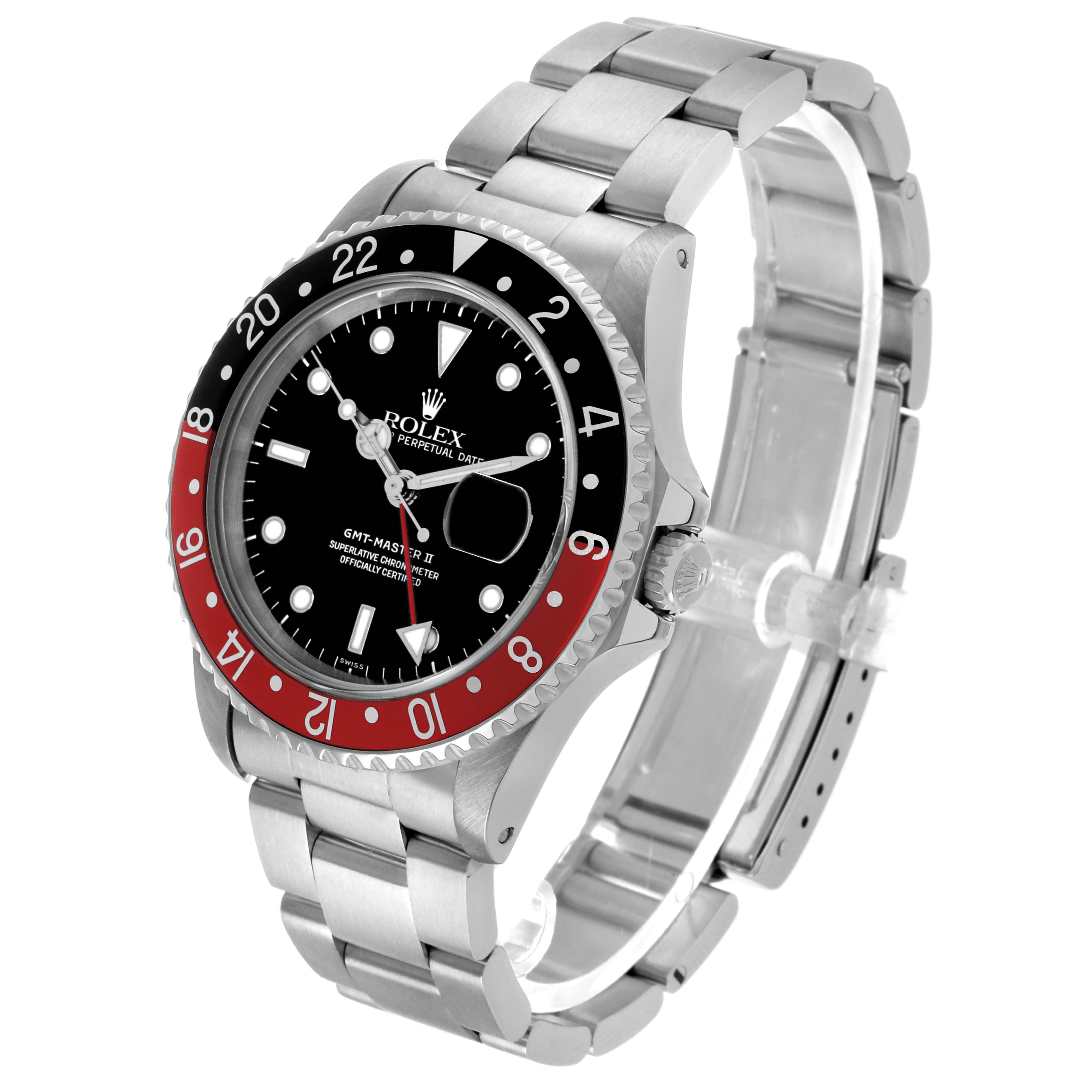 The Rolex GMT-Master 16710 Men's Stainless Steel Black Dial watch is displayed at an angled side view, showcasing the bezel, dial, crown, and bracelet.