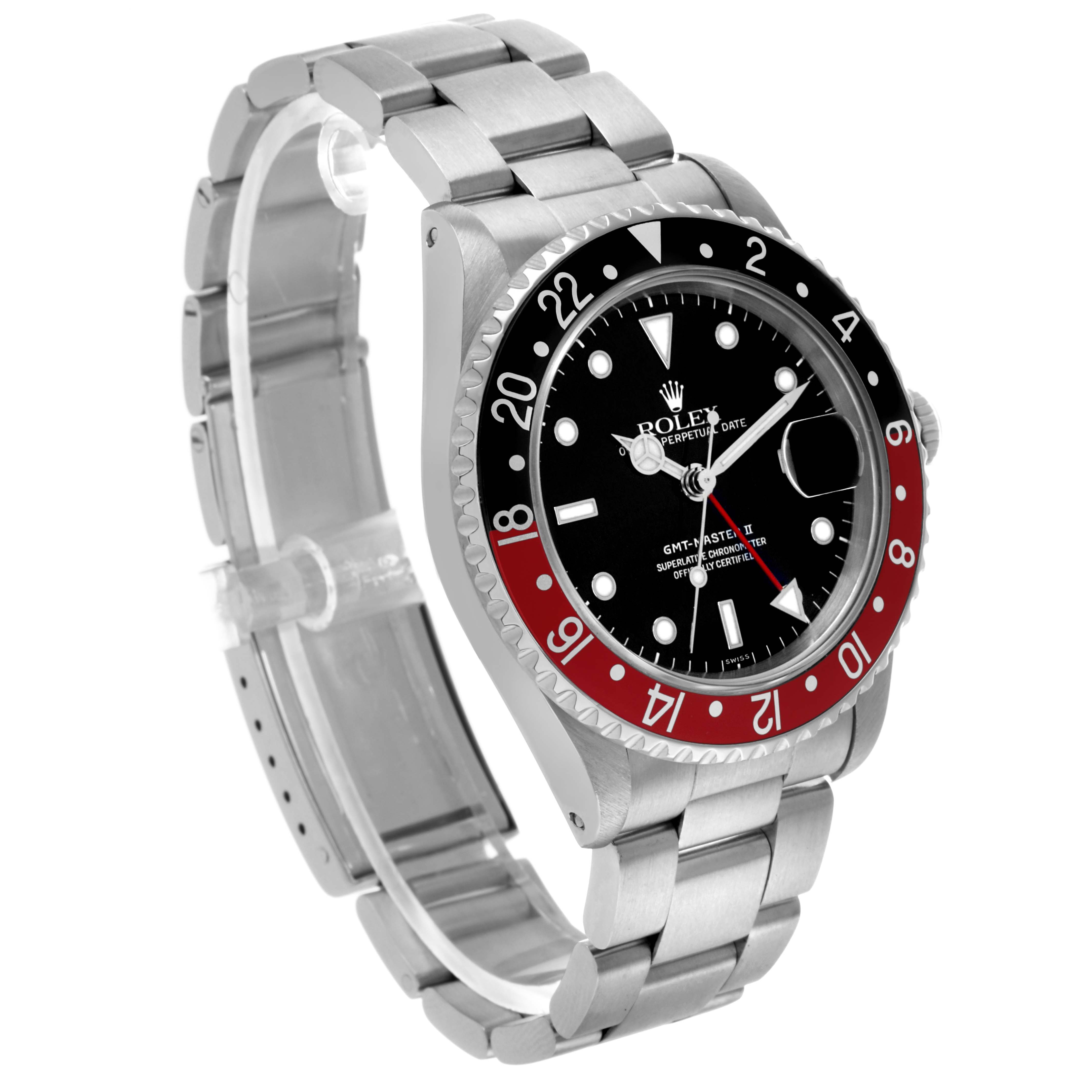 The Rolex GMT-Master 16710 Men's Stainless Steel Black Dial watch is shown at a slight angle, displaying its face, bezel, and bracelet.