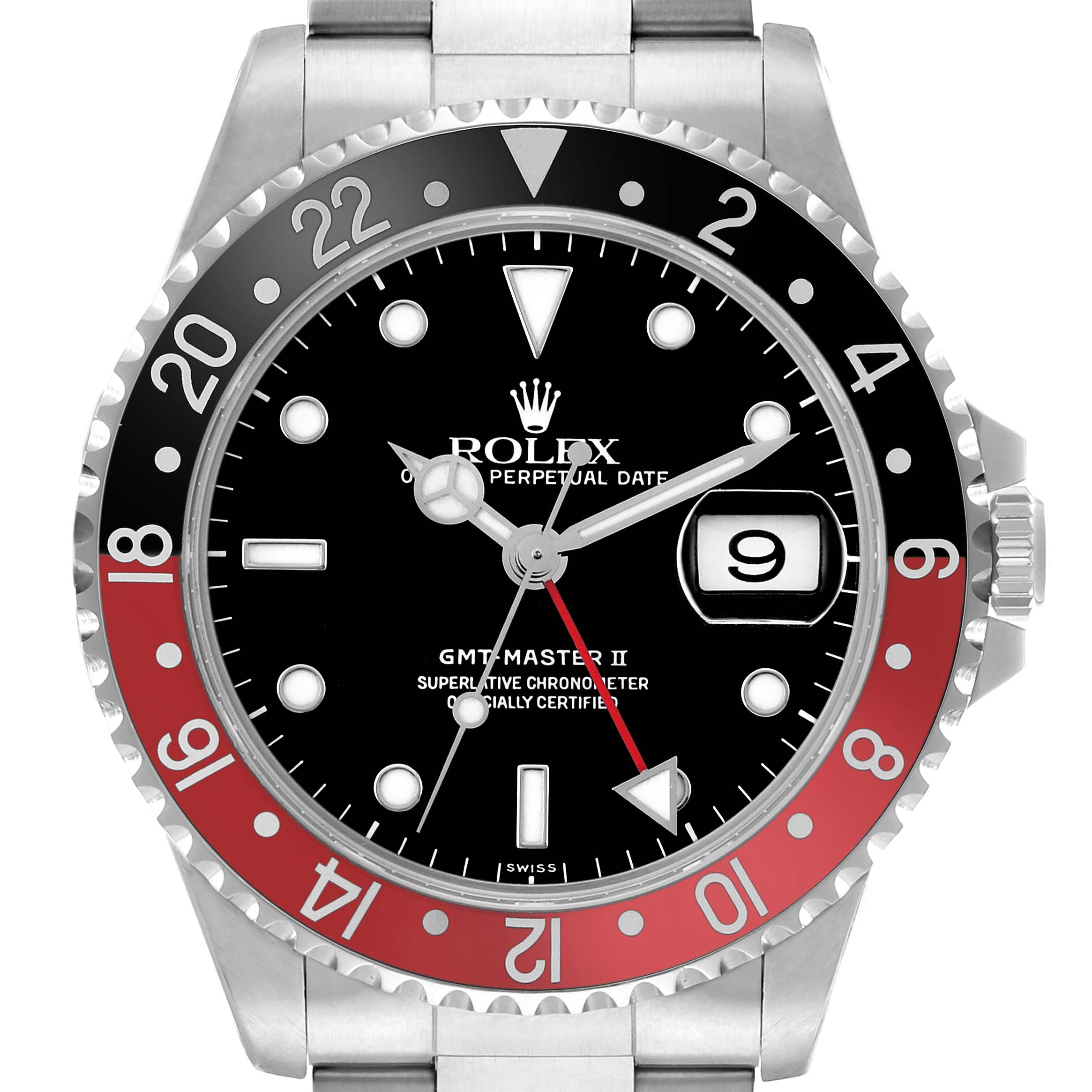This image shows the Rolex GMT-Master 16710 Men's Stainless Steel Black Dial II watch face straight on, highlighting its dial, bezel, and date window.
