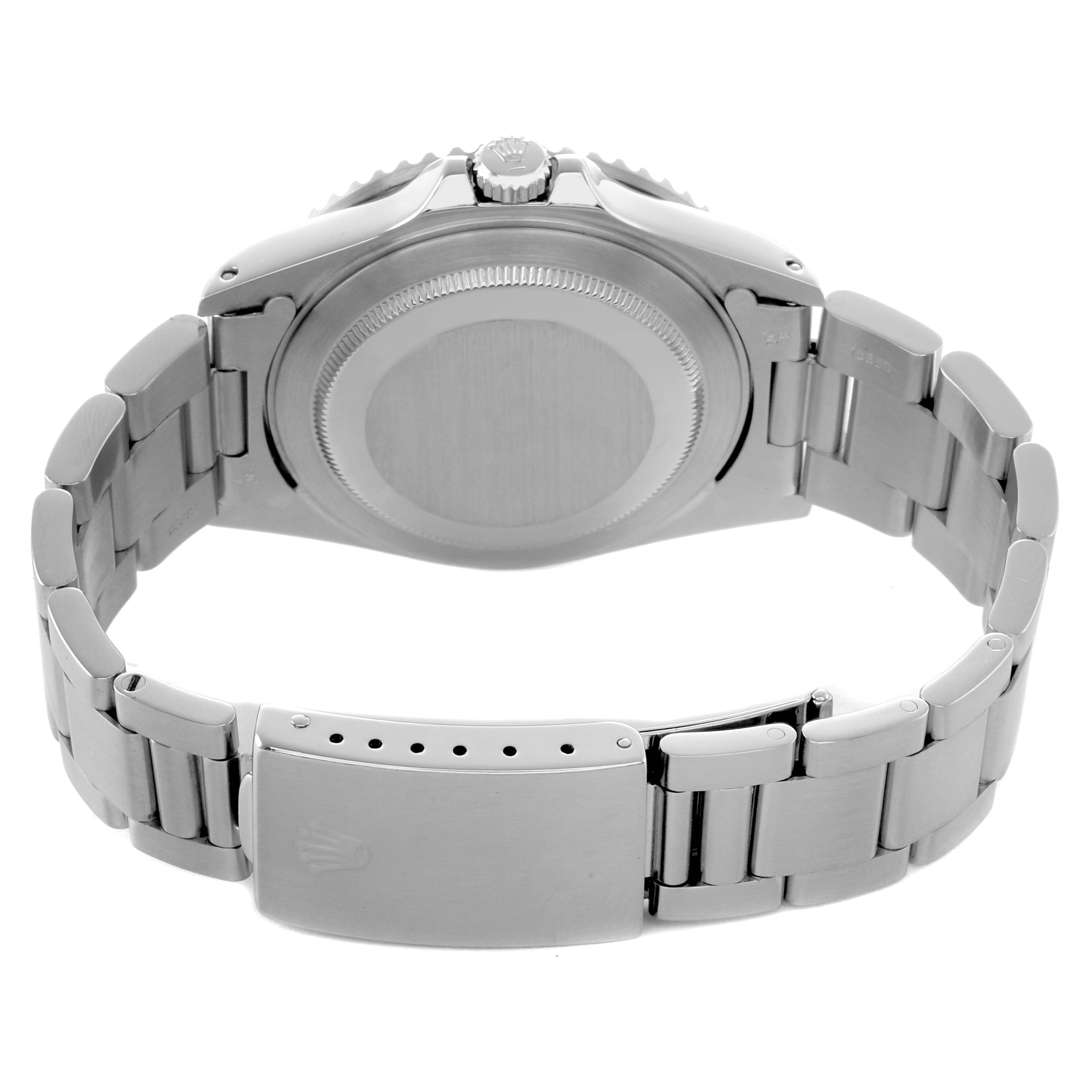 The image shows the back view of a Rolex GMT-Master 16710 Men's Stainless Steel Black Dial with a closed clasp and bracelet.