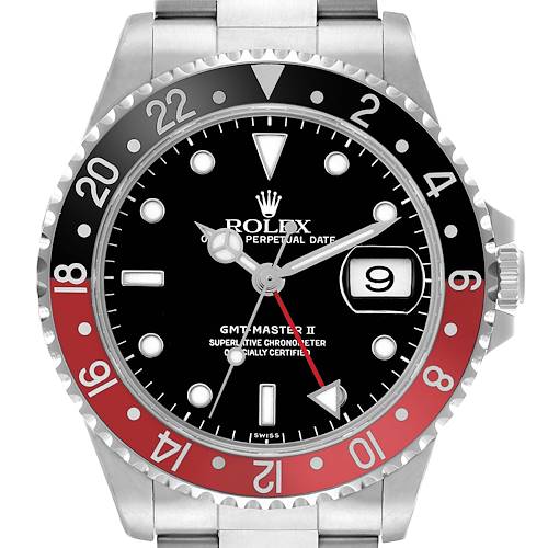 The Rolex GMT-Master 16710 Men's Stainless Steel Black Dial II watch is shown from the front, displaying the bezel, dial, crown, and bracelet start.