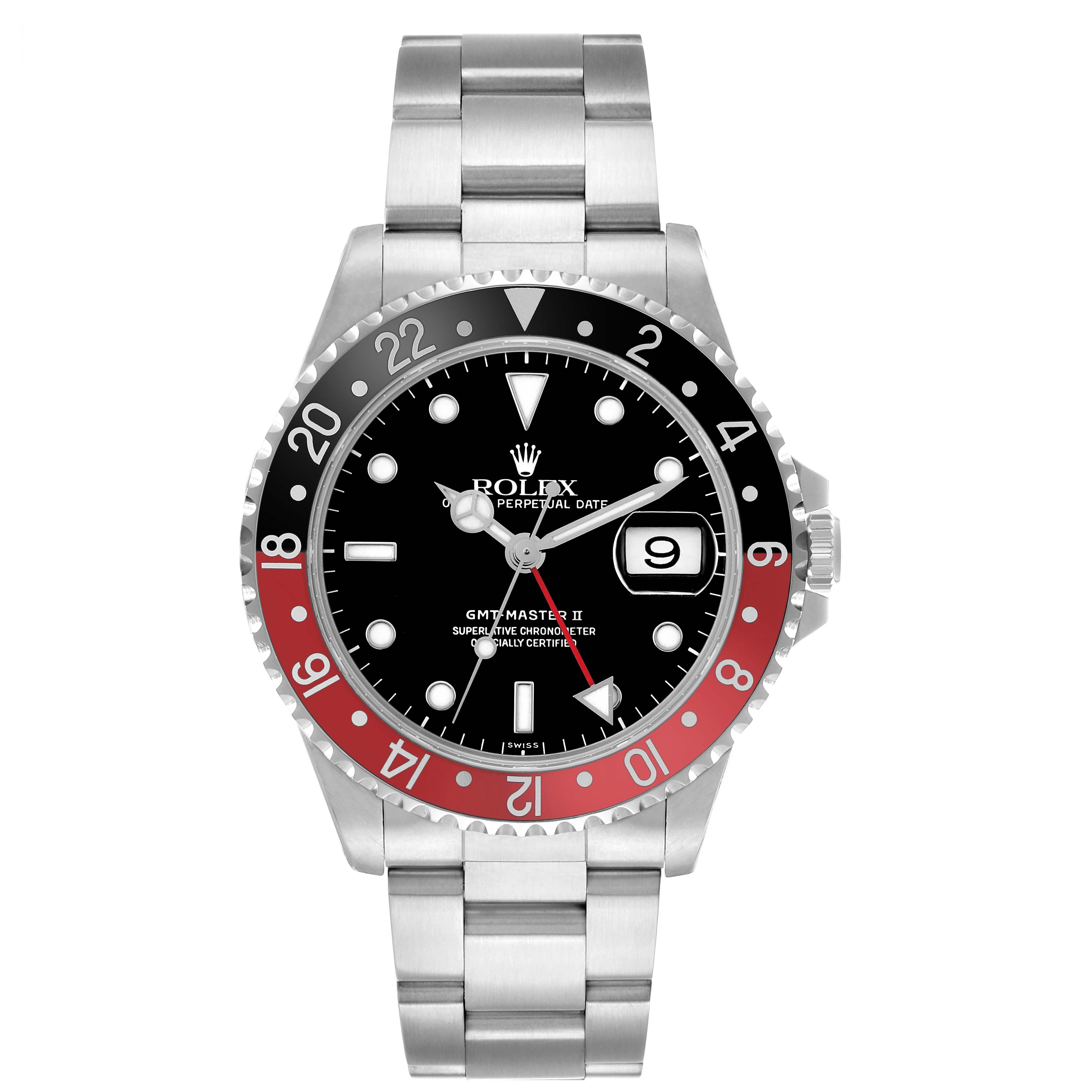 The Rolex GMT-Master 16710 Men's Stainless Steel Black Dial watch is shown from a front angle, highlighting the bezel, dial, hands, bracelet, and date display.