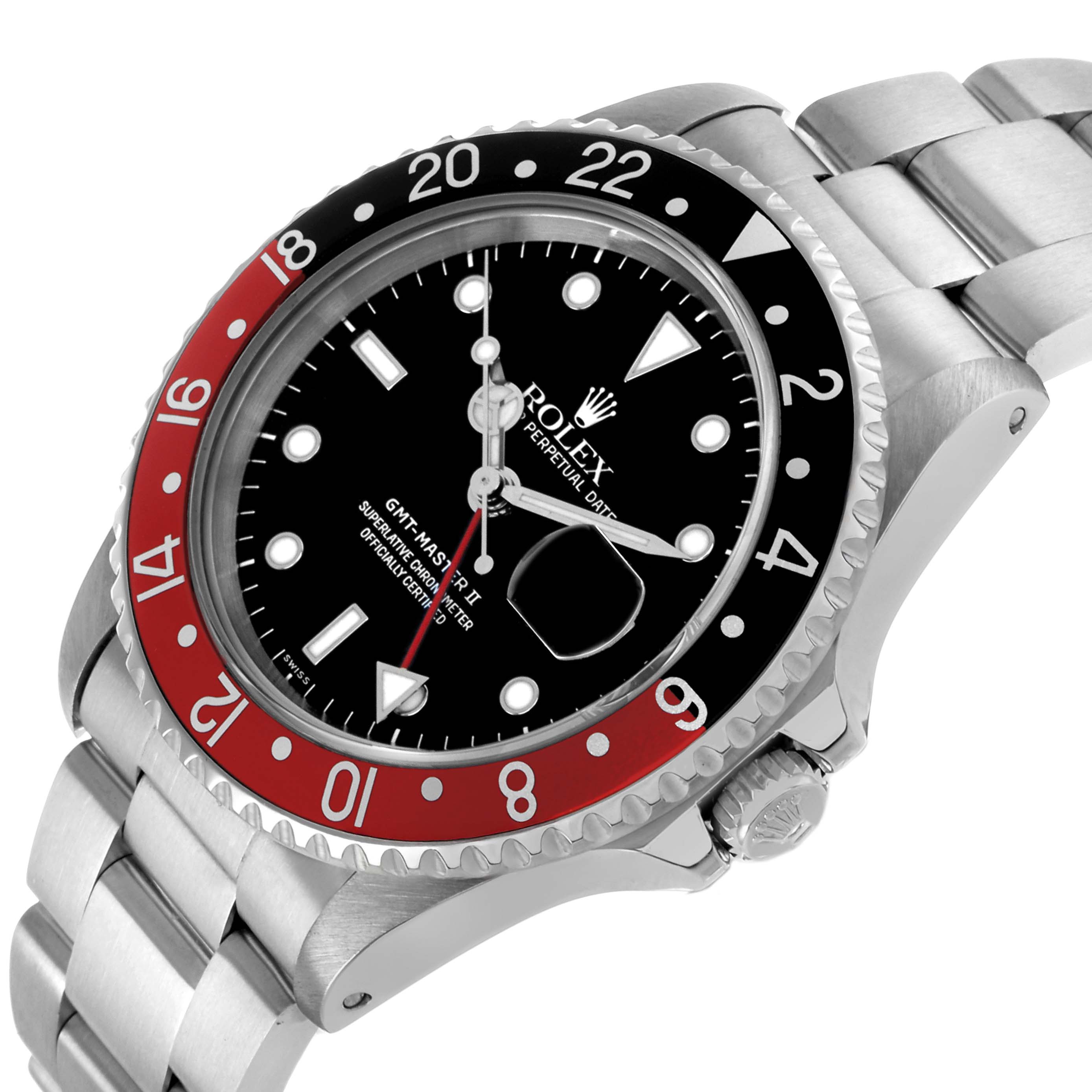 The Rolex GMT-Master 16710 Men's Stainless Steel Black Dial watch is shown at a three-quarter angle, highlighting the bezel, dial, crown, and bracelet.