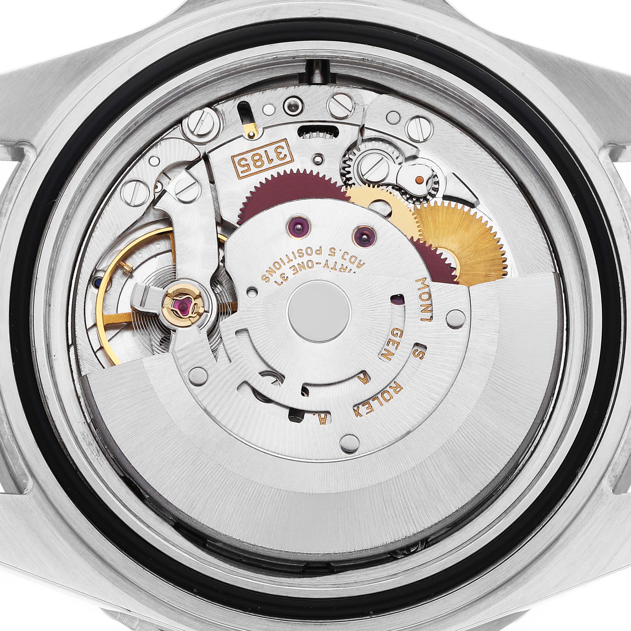 The image shows the movement of a Rolex GMT-Master 16710 Men's Stainless Steel Black Dial watch from the back, detailing its intricate internal components.