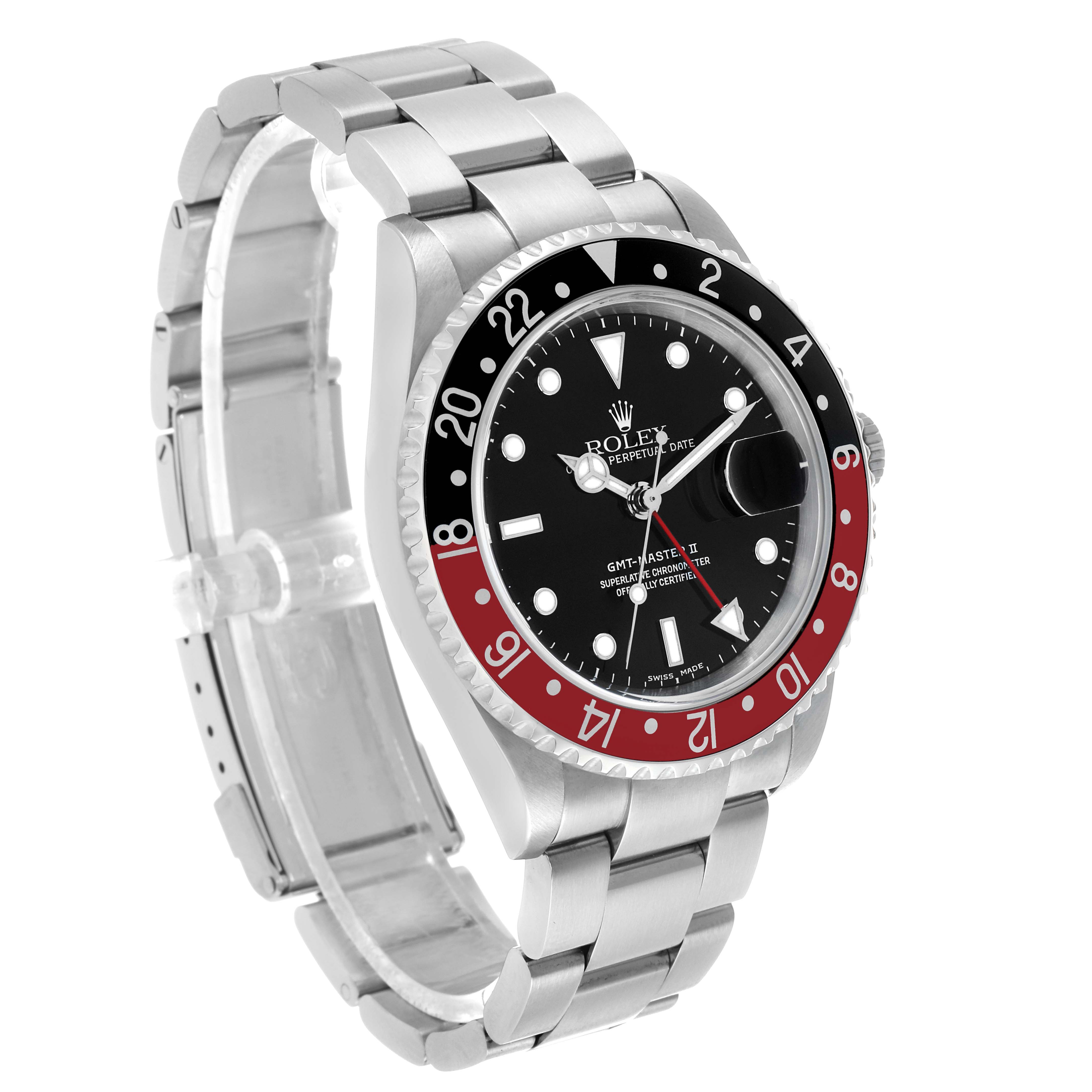 The Rolex GMT-Master 16710 Men's Stainless Steel Black Dial watch is shown at an angle displaying the face, bezel, crown, and bracelet.