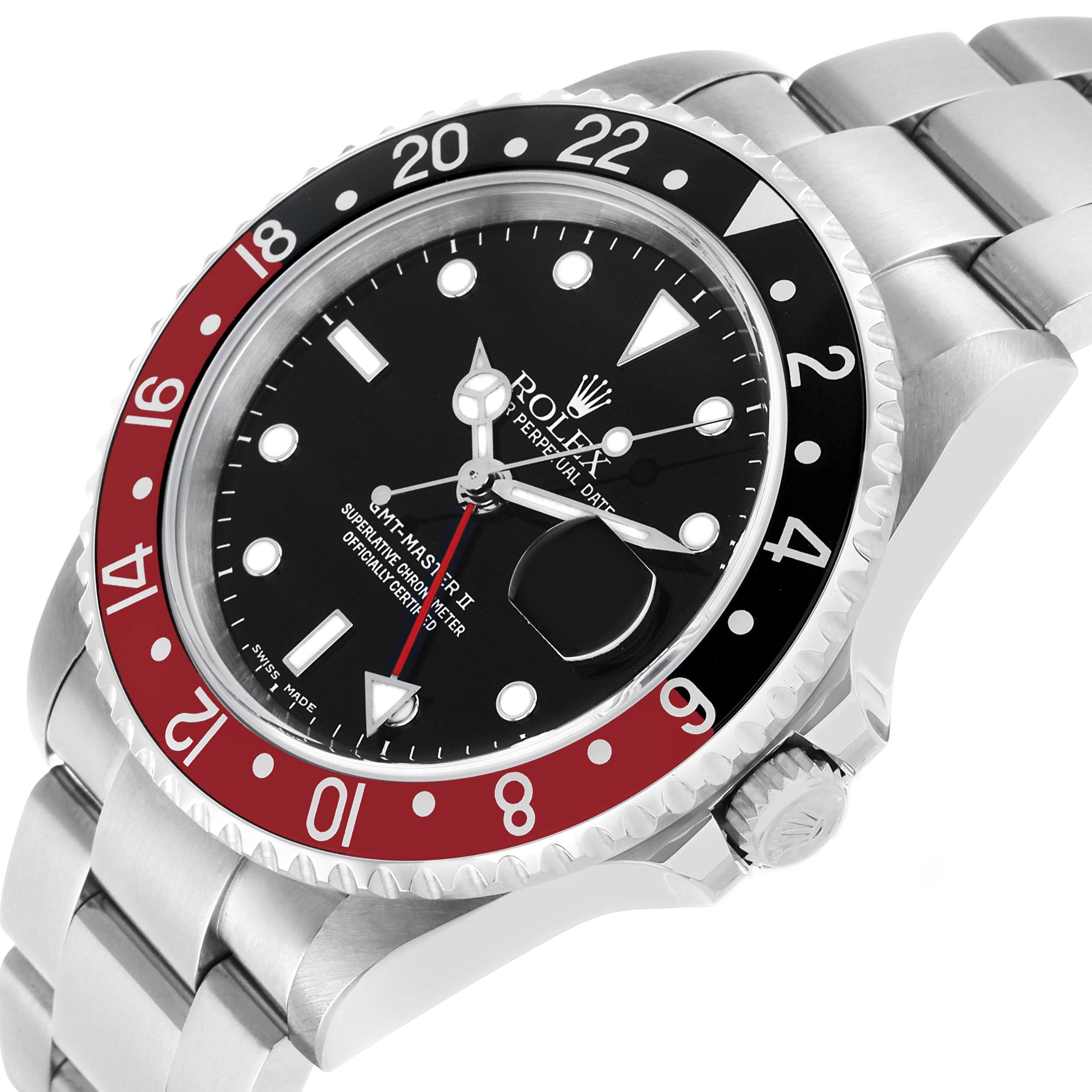 The Rolex GMT-Master 16710 Men's Stainless Steel Black Dial watch is shown at a three-quarter angle, highlighting the bezel, dial, and bracelet.