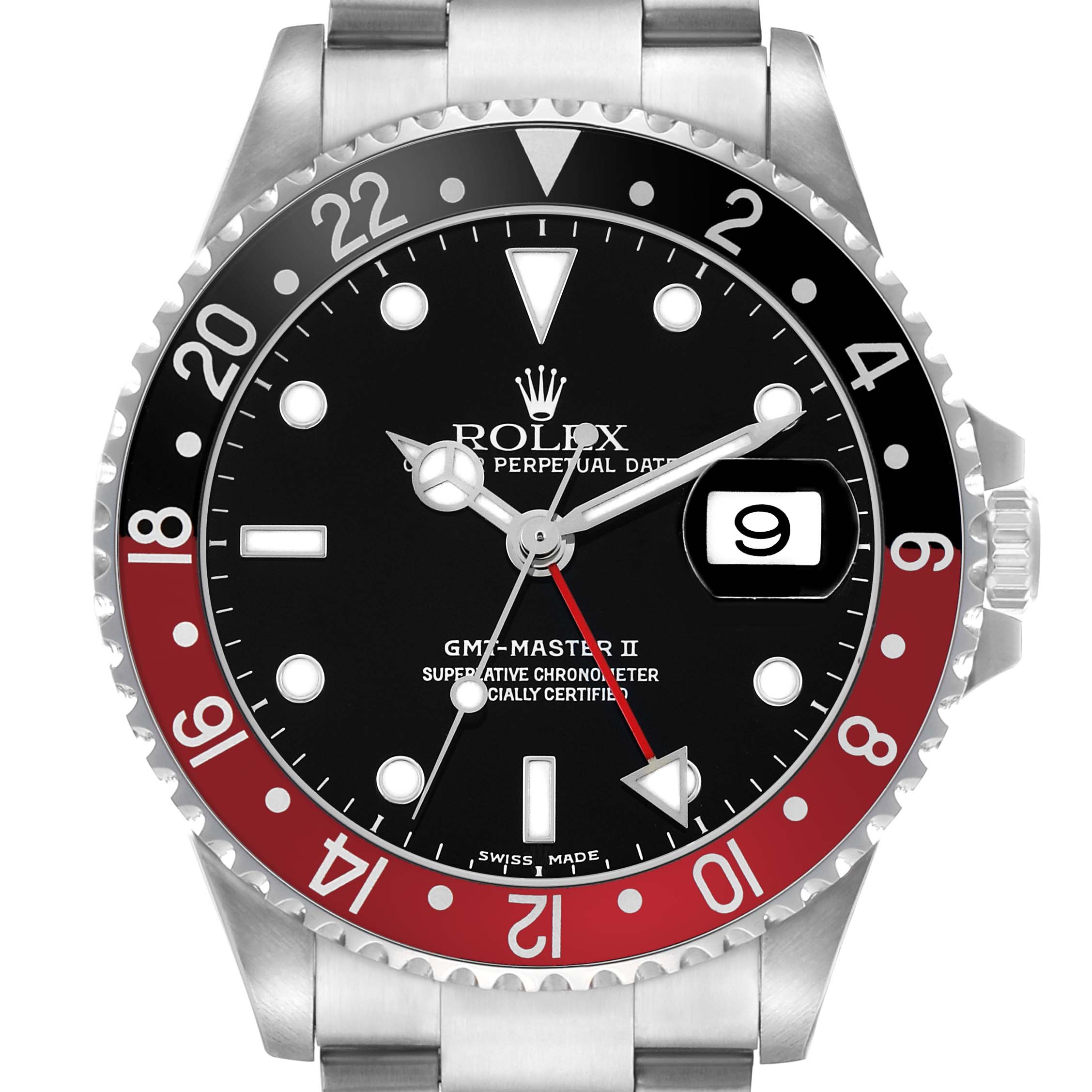 The Rolex GMT-Master 16710 Men's Stainless Steel Black Dial model is shown from a frontal angle, highlighting the bezel, dial, hour markers, hands, and date.