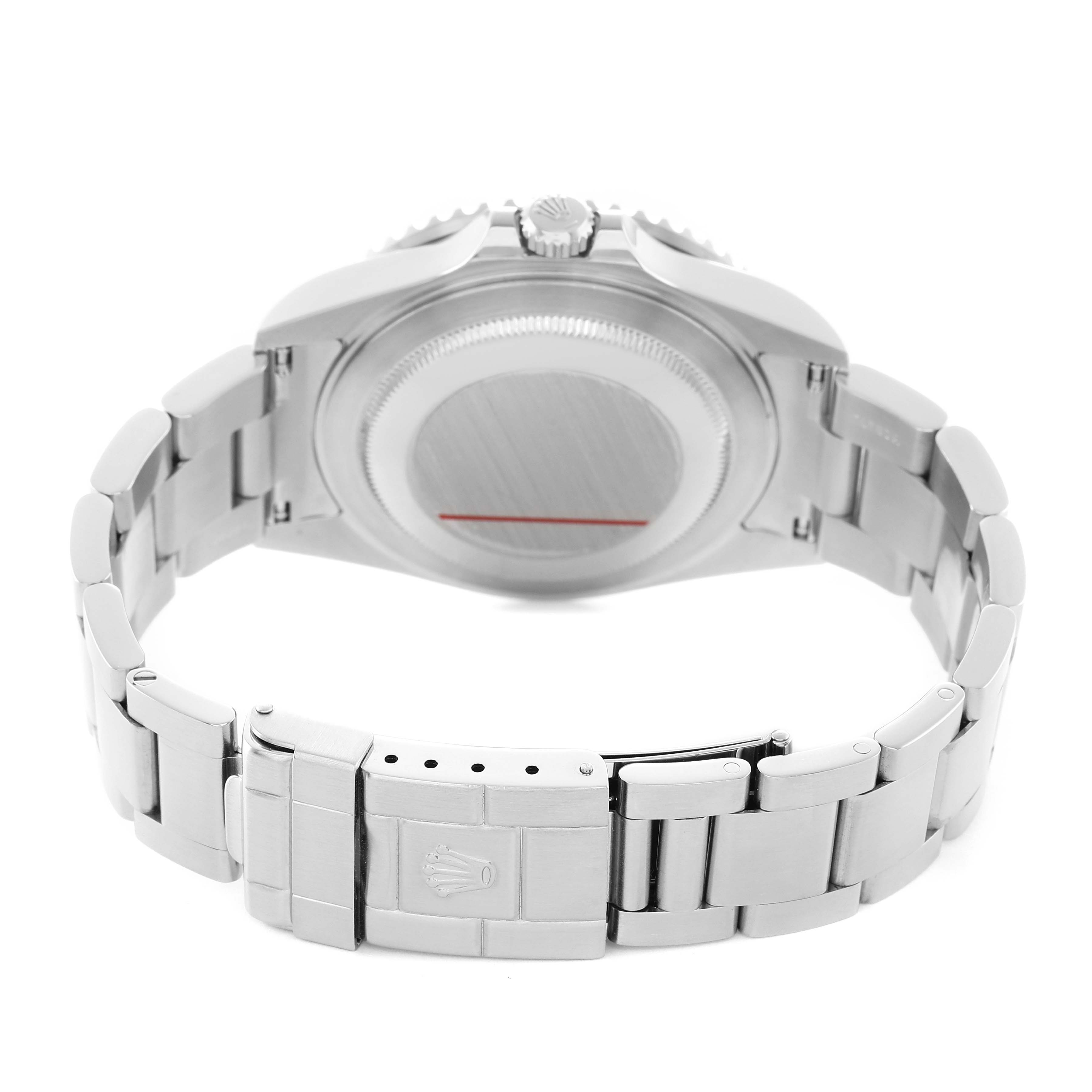 The image shows the back of a Rolex GMT-Master 16710 Men's Stainless Steel Black Dial, featuring the case back, bracelet, and clasp.