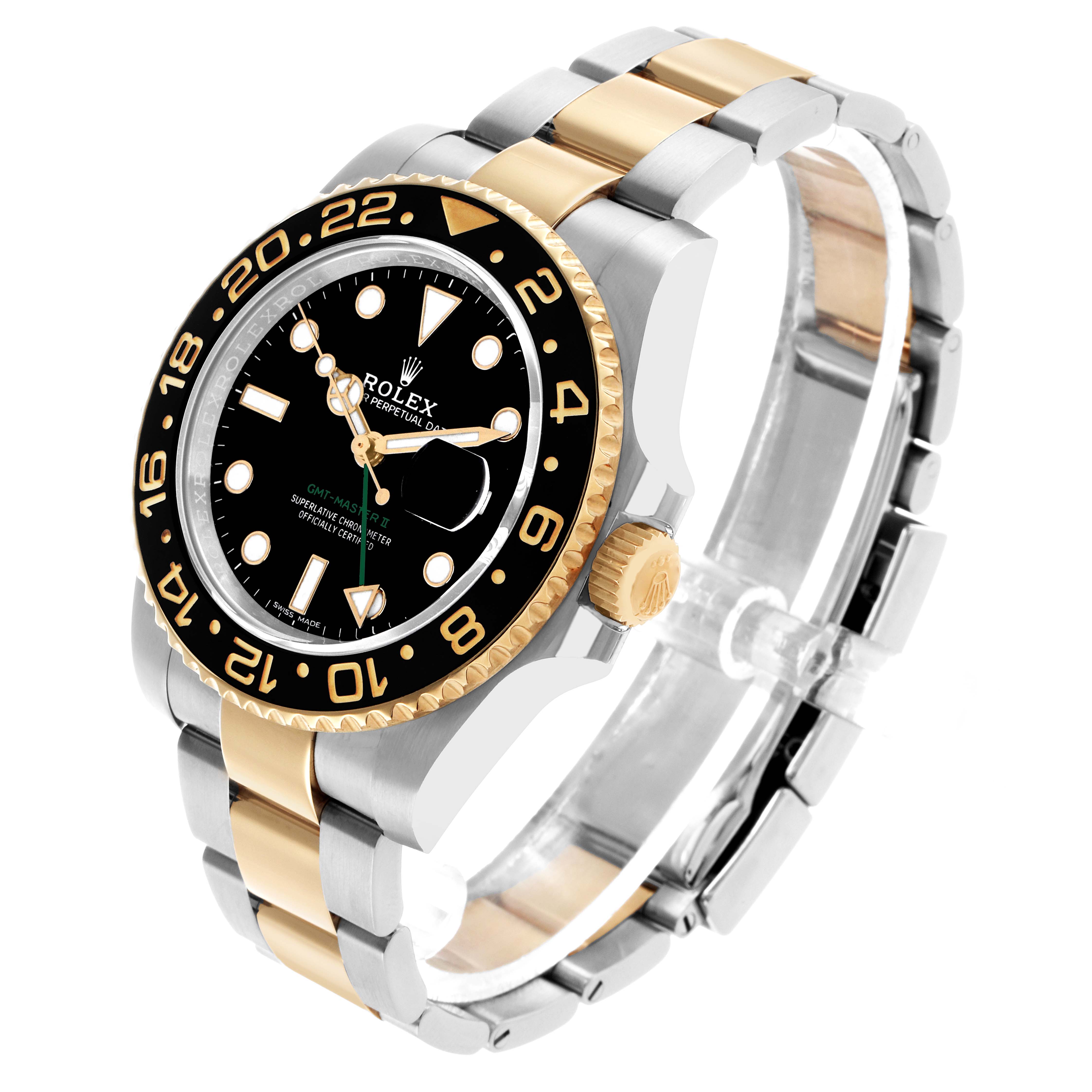 The Rolex GMT-Master 116713 Men's Steel and Gold (two tone) Black Dial watch is shown at a three-quarter angle, displaying its bezel, crown, and bracelet.