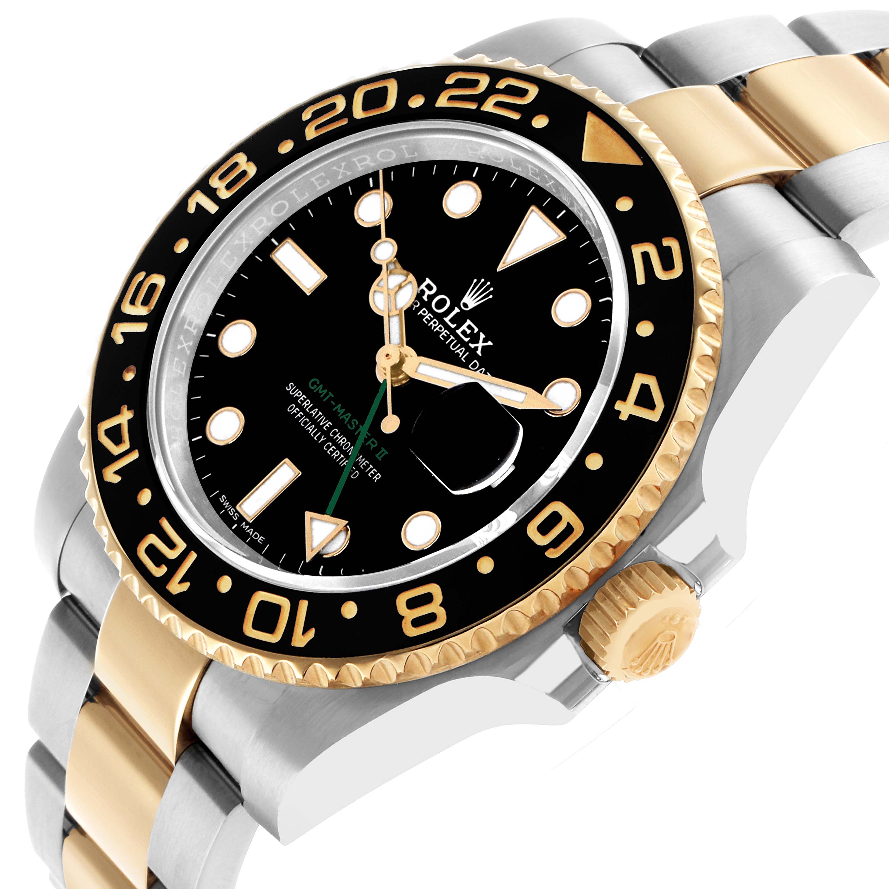 The Rolex GMT-Master 116713 Men's Steel and Gold (two tone) Black Dial is shown at a slight angle, highlighting the bezel, dial, crown, and part of the bracelet.