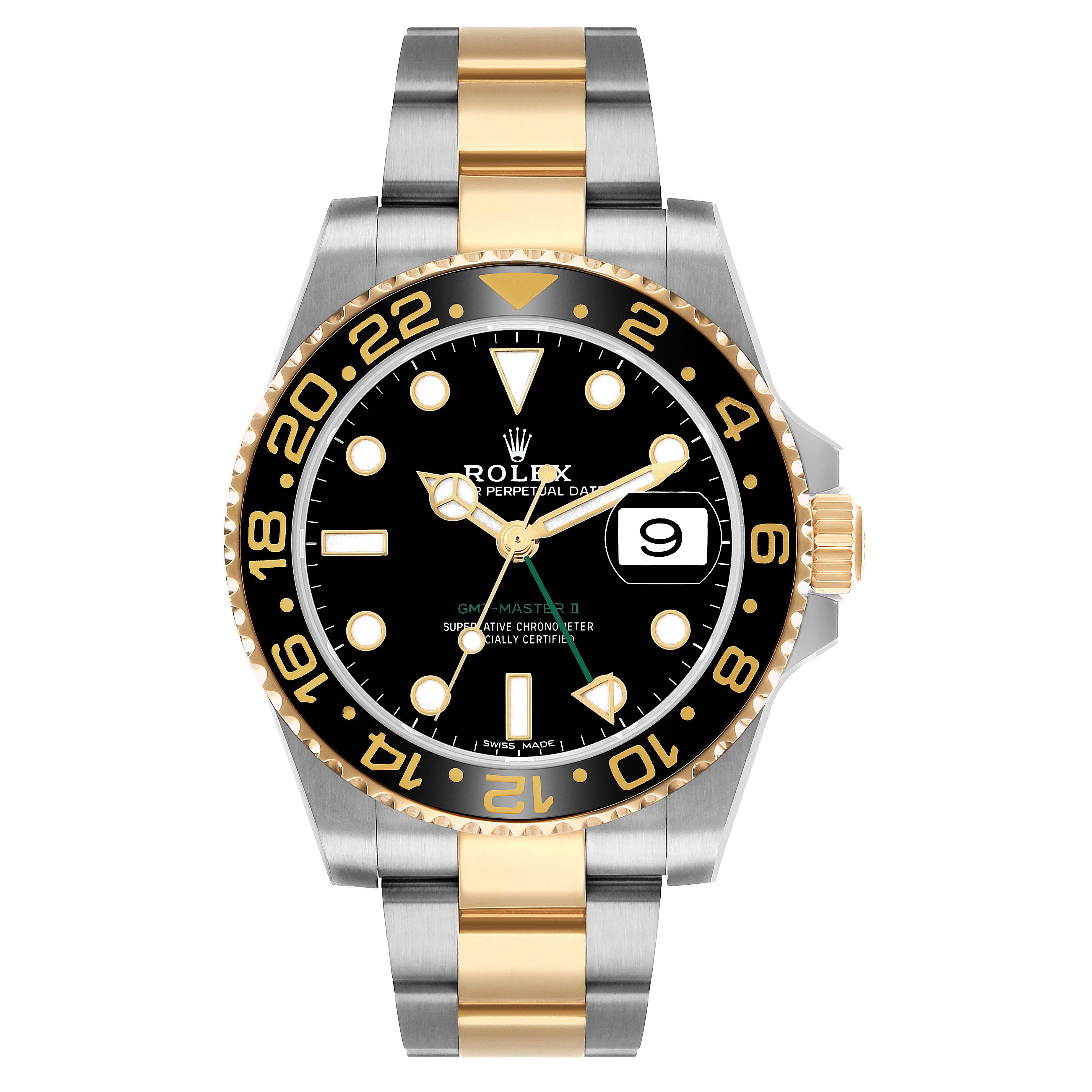The Rolex GMT-Master 116713 Men's Steel and Gold (two tone) Black Dial watch is shown from a front angle, displaying the dial, bezel, crown, and bracelet.