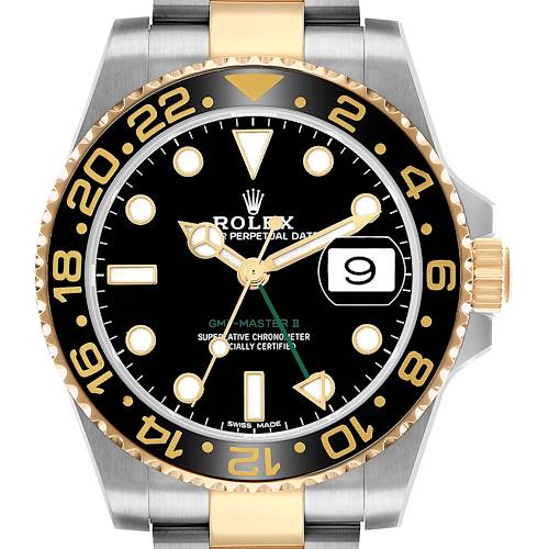 The image shows a frontal view of the Rolex GMT-Master 116713 Men's Steel and Gold (two tone) Black Dial II watch, featuring its bezel, dial, and bracelet links.