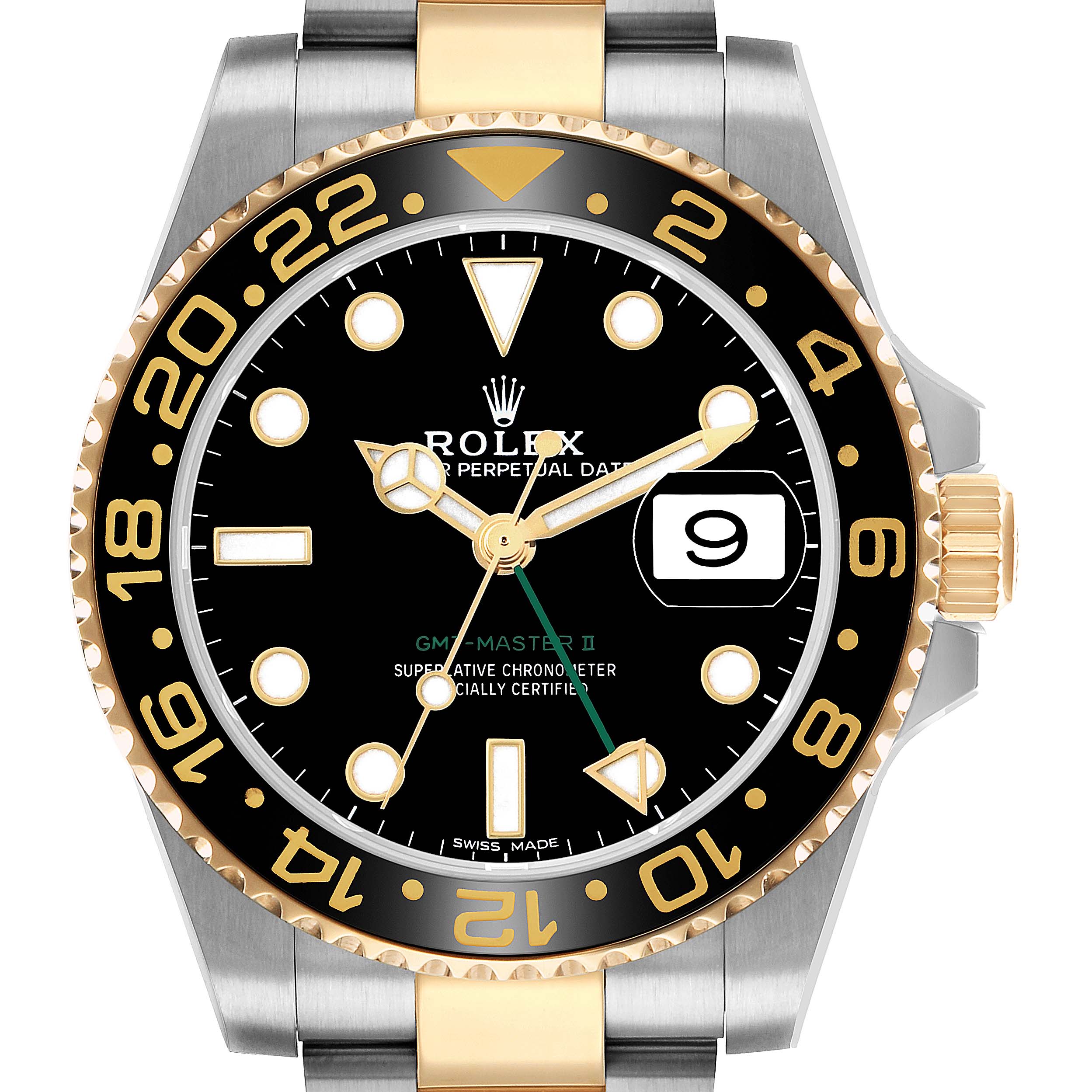 The Rolex GMT-Master 116713 Men's Steel and Gold (two tone) Black Dial II watch is shown from a front angle, highlighting the face, bezel, and part of the bracelet.