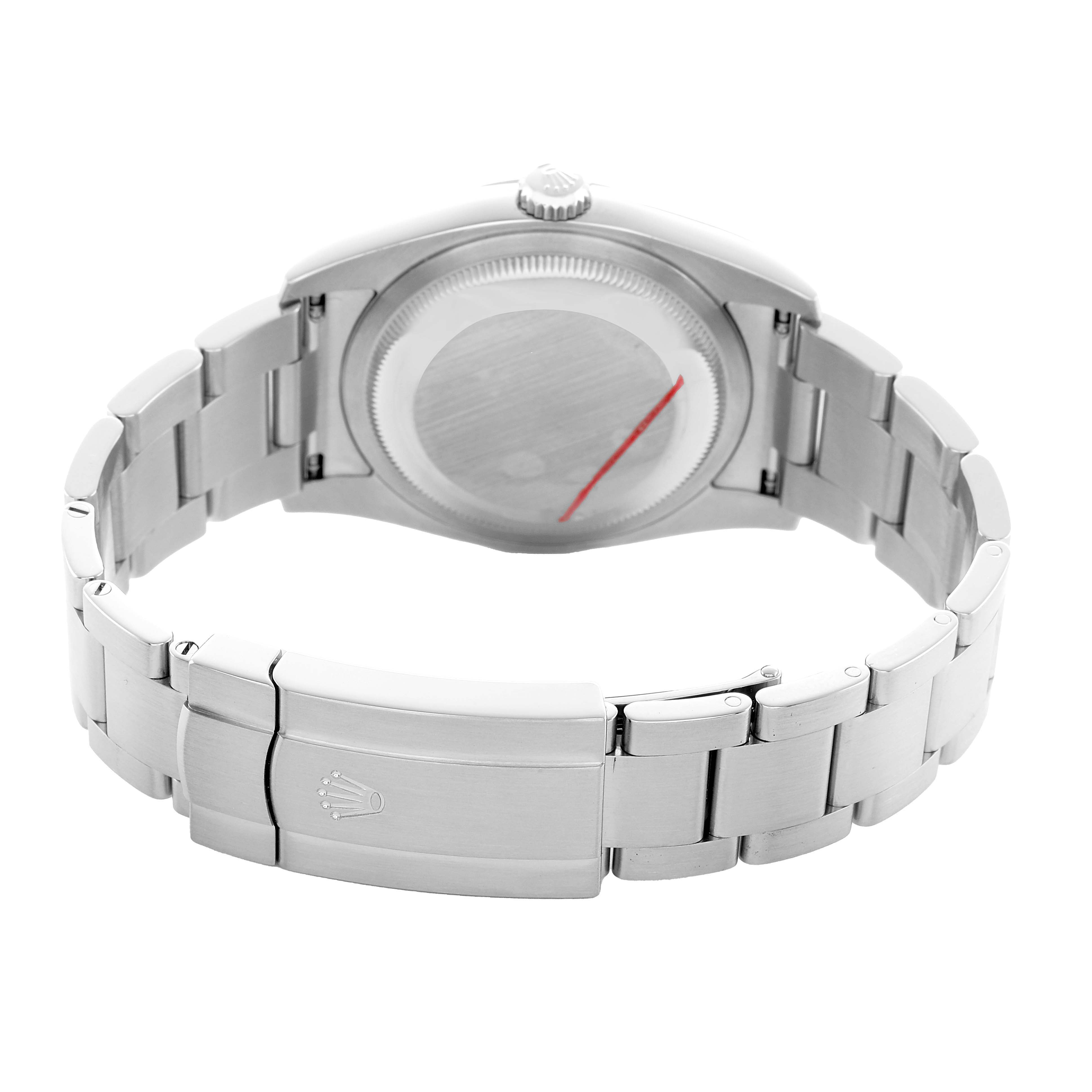 The image shows a Rolex Oyster Perpetual 116000 Men's Stainless Steel Silver Dial watch from the back, highlighting the case back, bracelet, and clasp.