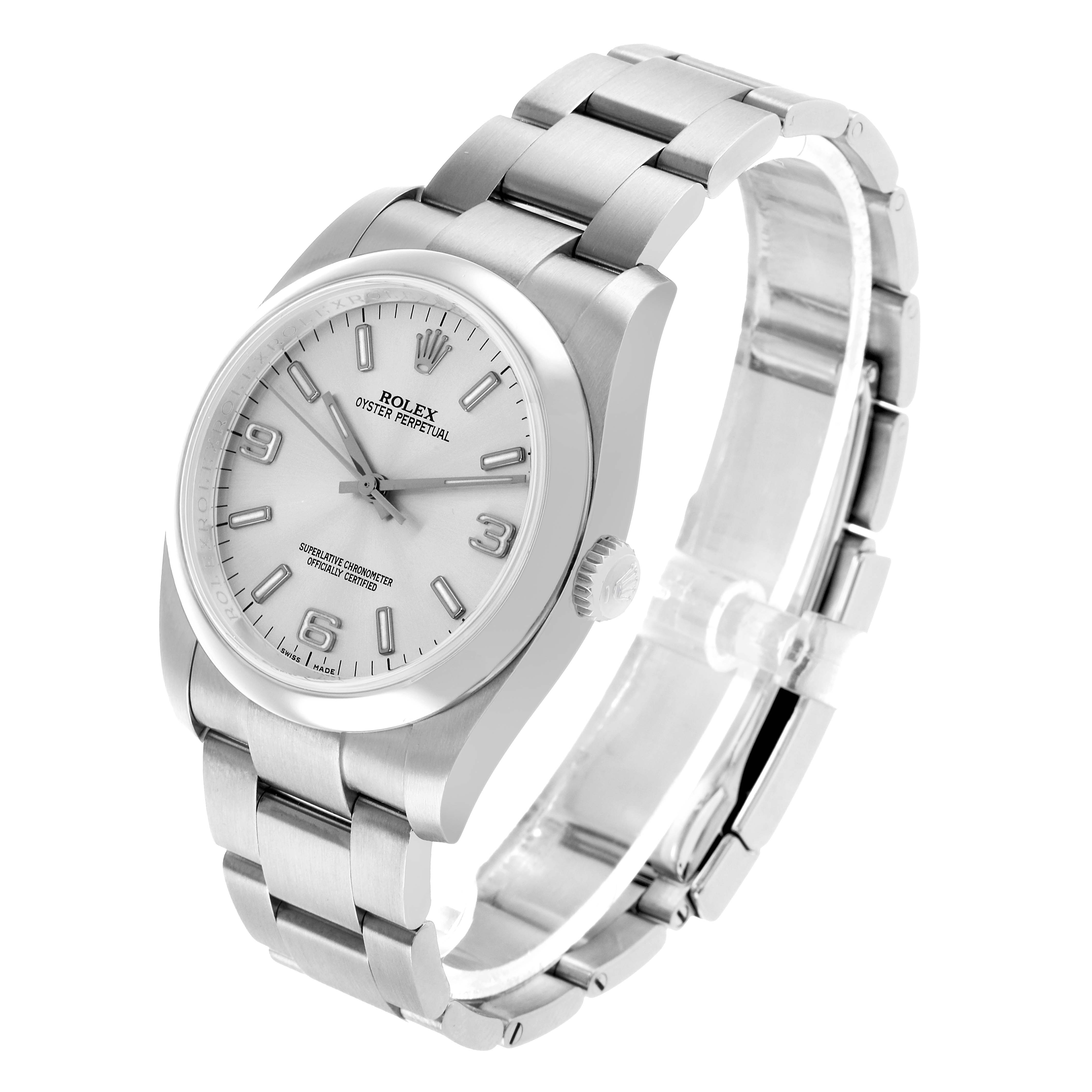 The Rolex Oyster Perpetual 116000 Men's Stainless Steel Silver Dial watch is shown at a three-quarter angle, displaying the face, bracelet, and crown.