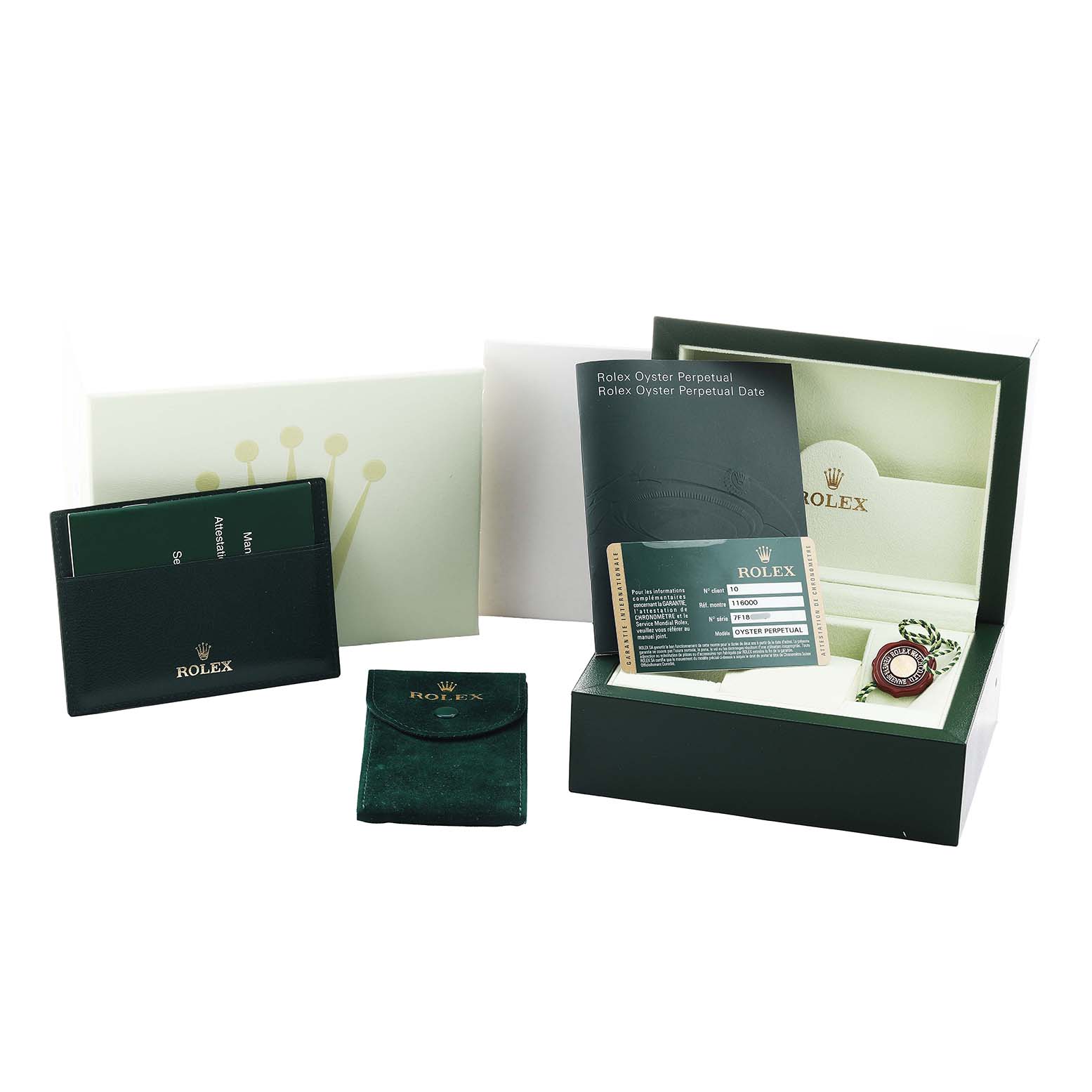 The image shows the packaging and accessories of a Rolex Oyster Perpetual 116000 Men's Stainless Steel Silver Dial watch, including the box, cardholder, and tag.