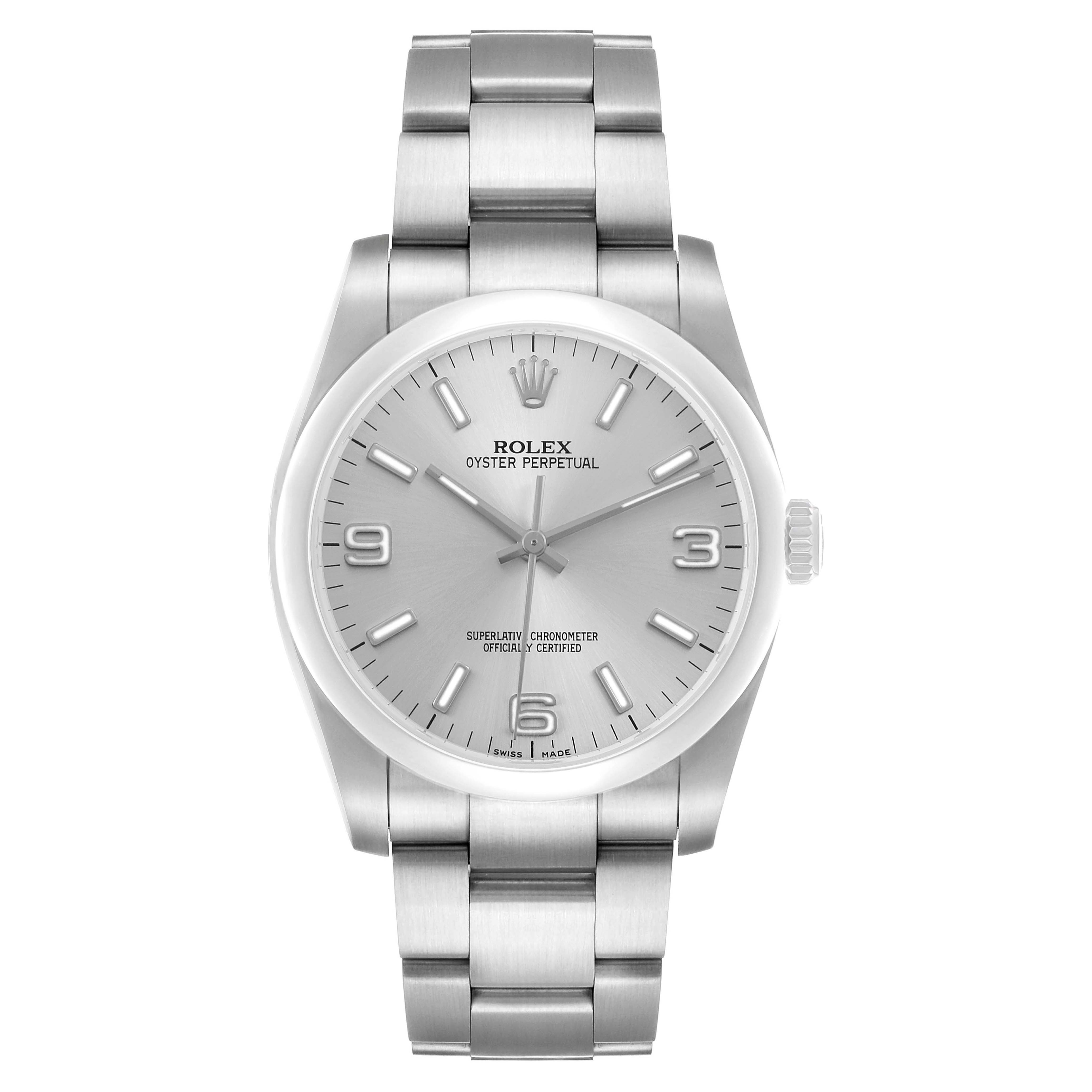 The Rolex Oyster Perpetual 116000 Men's Stainless Steel Silver Dial watch is shown from a front angle, displaying the dial, crown, and bracelet.