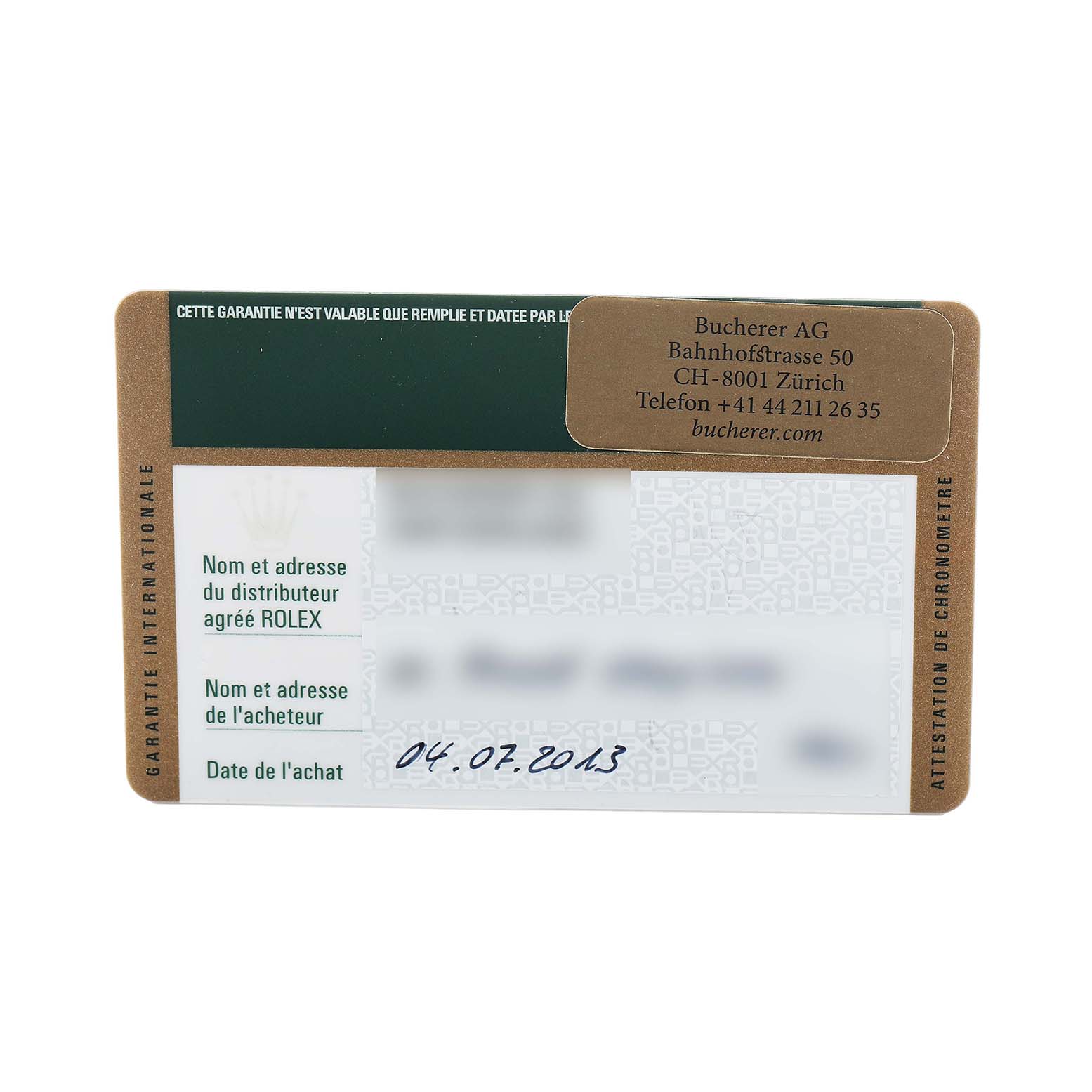 The image shows a warranty card for a Rolex Oyster Perpetual 116000 Men's Stainless Steel Silver Dial watch.