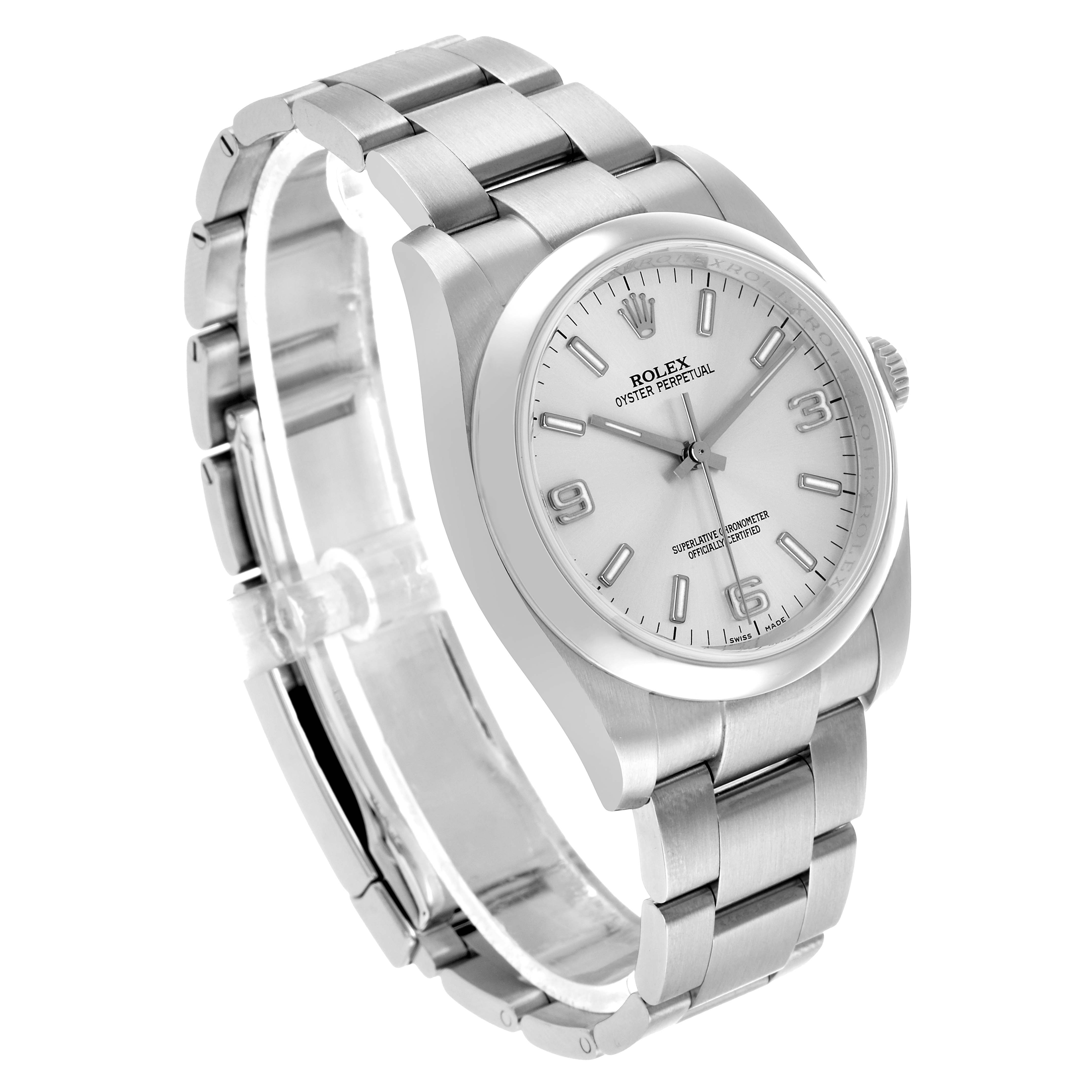 The Rolex Oyster Perpetual 116000 Men's Stainless Steel Silver Dial watch is shown from an angled top view, highlighting the bracelet, case, and dial.