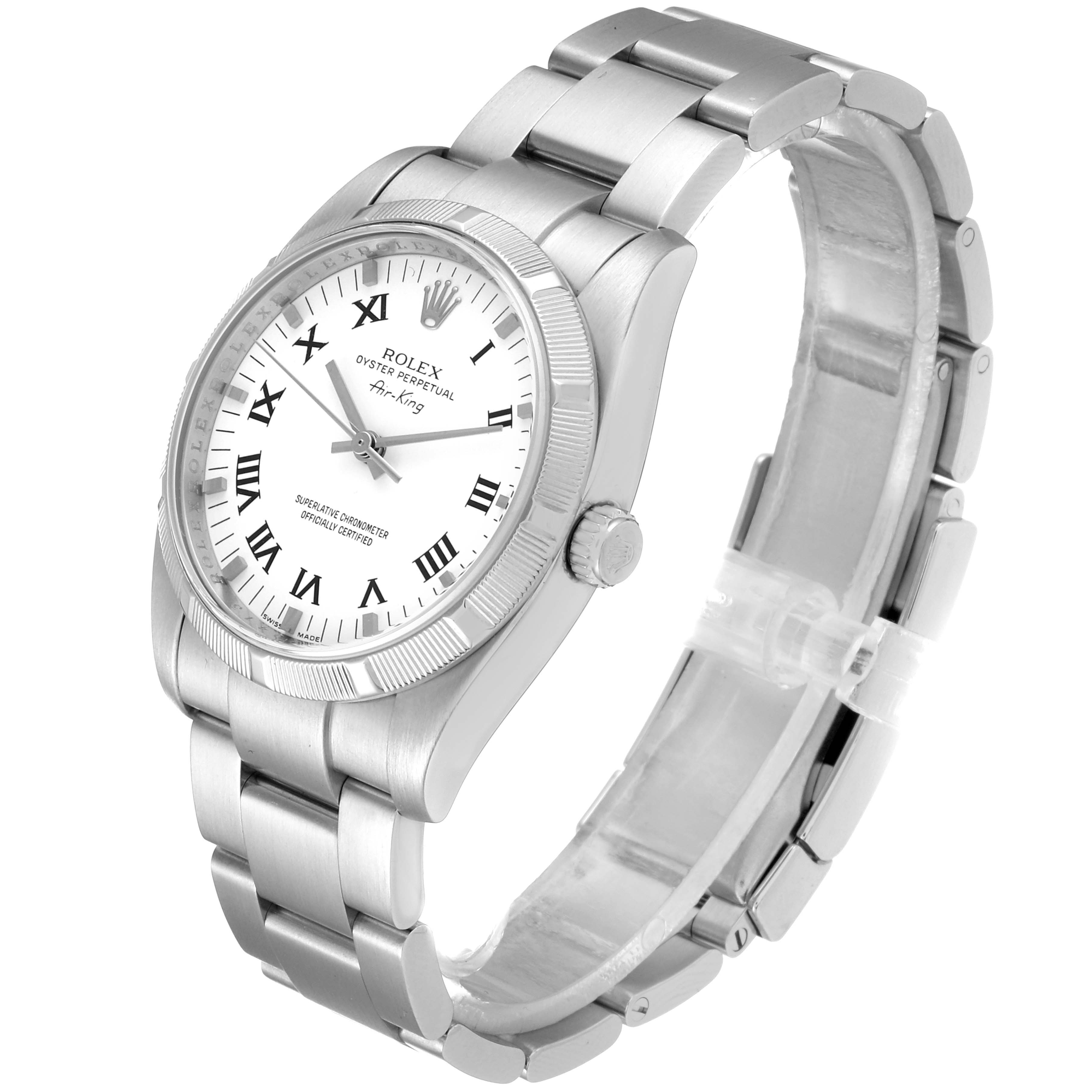 The image shows a Rolex Air-King 114210 Men's Stainless Steel White Dial 114210 Men's Stainless Steel White Dial watch from a side angle, displaying its face, bezel, crown, and stainless steel bracelet.