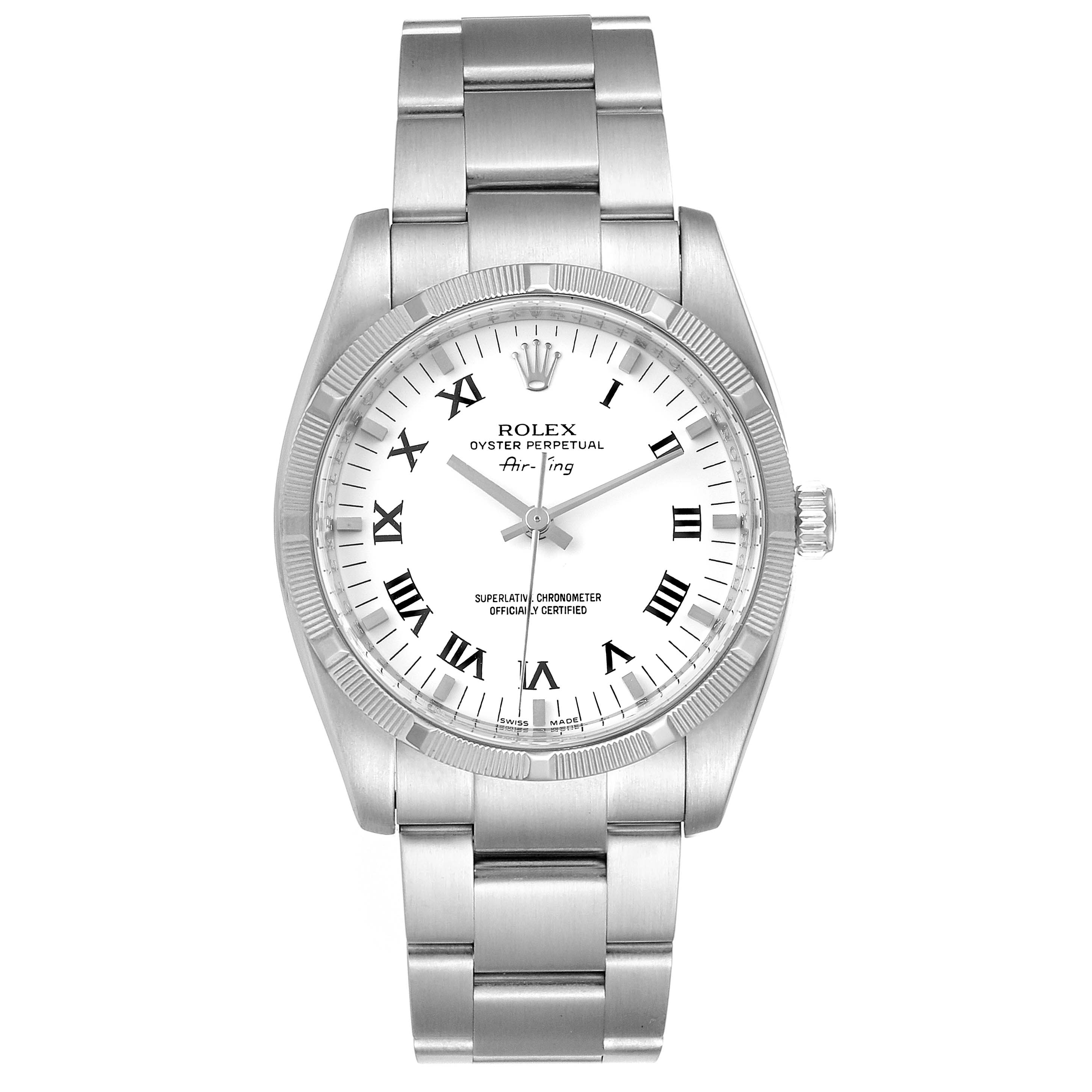 The image shows a front view of a Rolex Air-King 114210 Men's Stainless Steel White Dial 114210 Men's Stainless Steel White Dial watch, displaying its face, bezel, and bracelet.