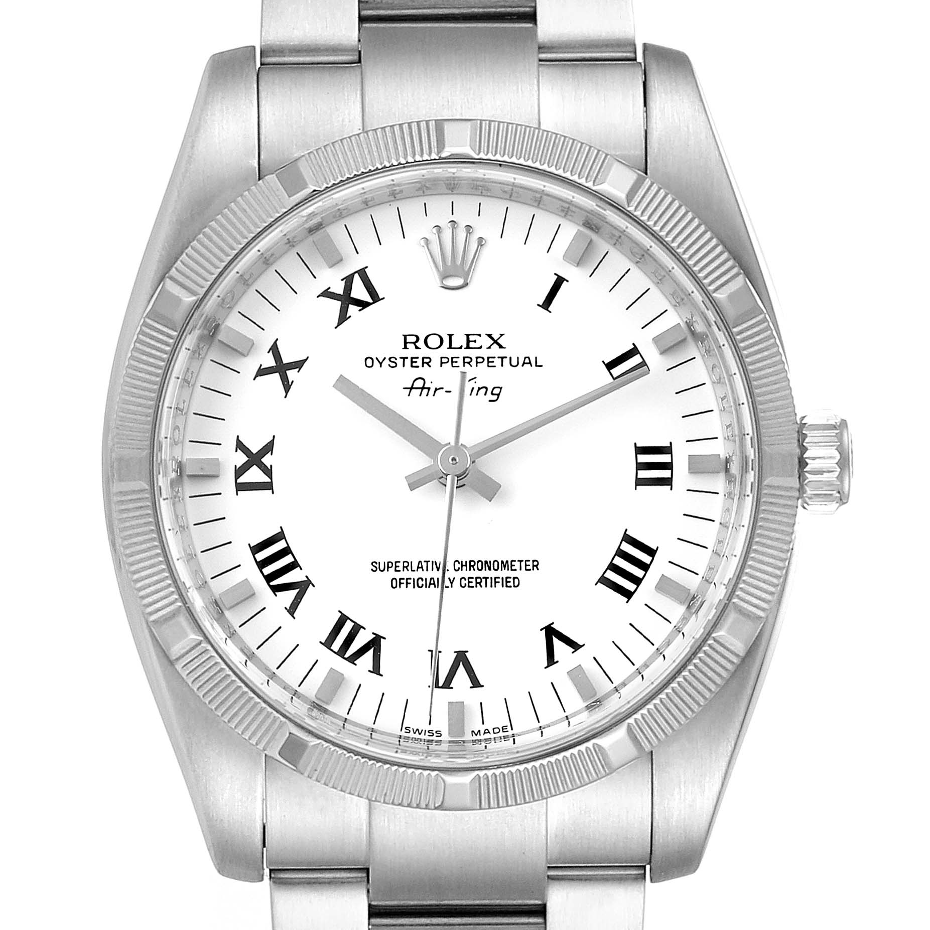 The Rolex Air-King 114210 Men's Stainless Steel White Dial 114210 Men's Stainless Steel White Dial watch is shown from a front angle, displaying the face, bezel, and part of the bracelet.