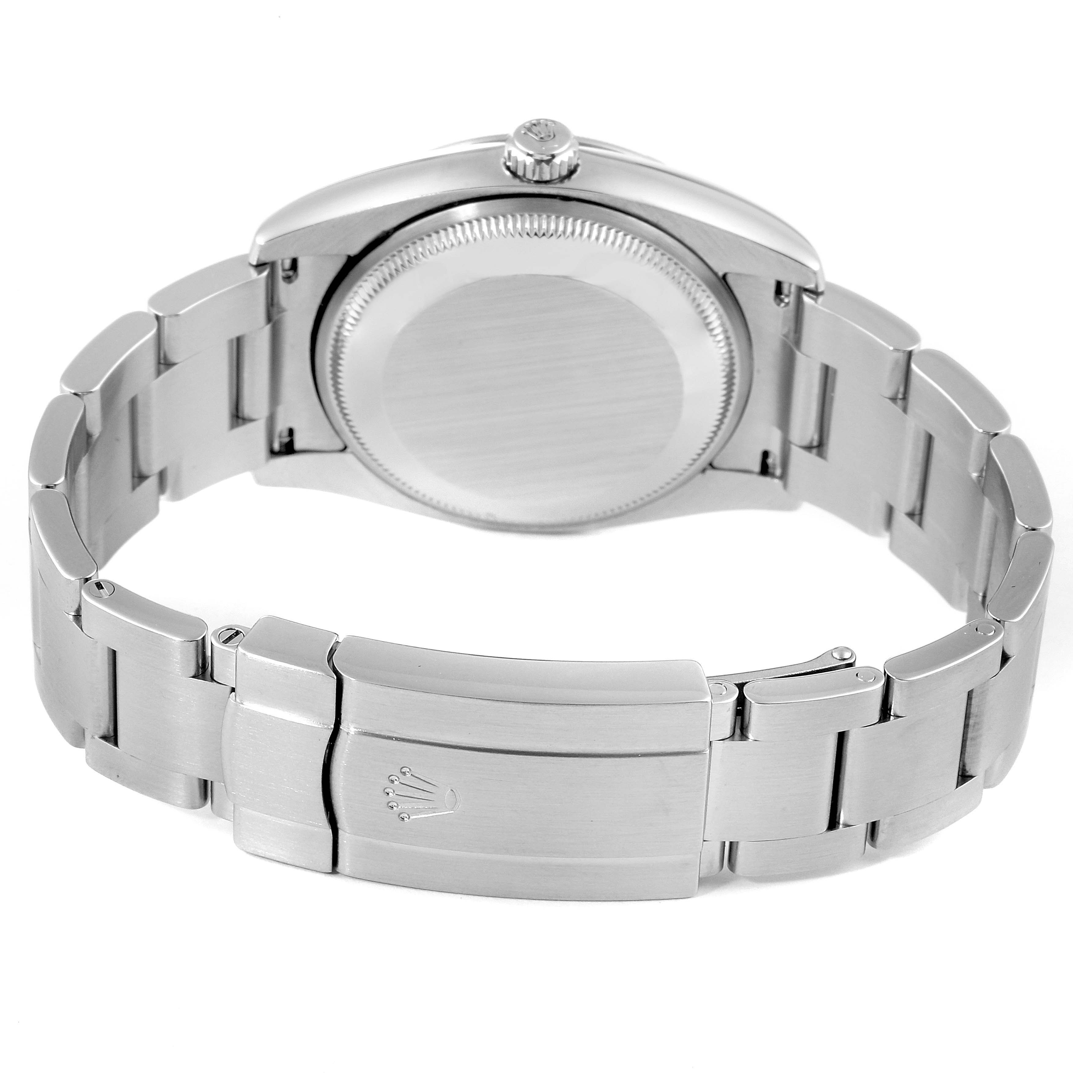 The image shows the back view of the Rolex Air-King 114210 Men's Stainless Steel White Dial 114210 Men's Stainless Steel White Dial watch, highlighting the clasp and bracelet.