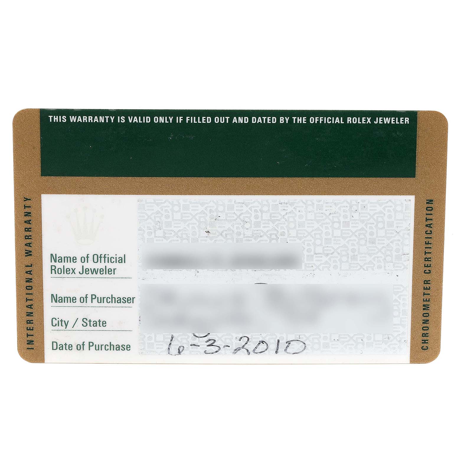 This image shows the front of the official warranty card for a Rolex Air-King 114210 Men's Stainless Steel White Dial 114210 Men's Stainless Steel White Dial watch.