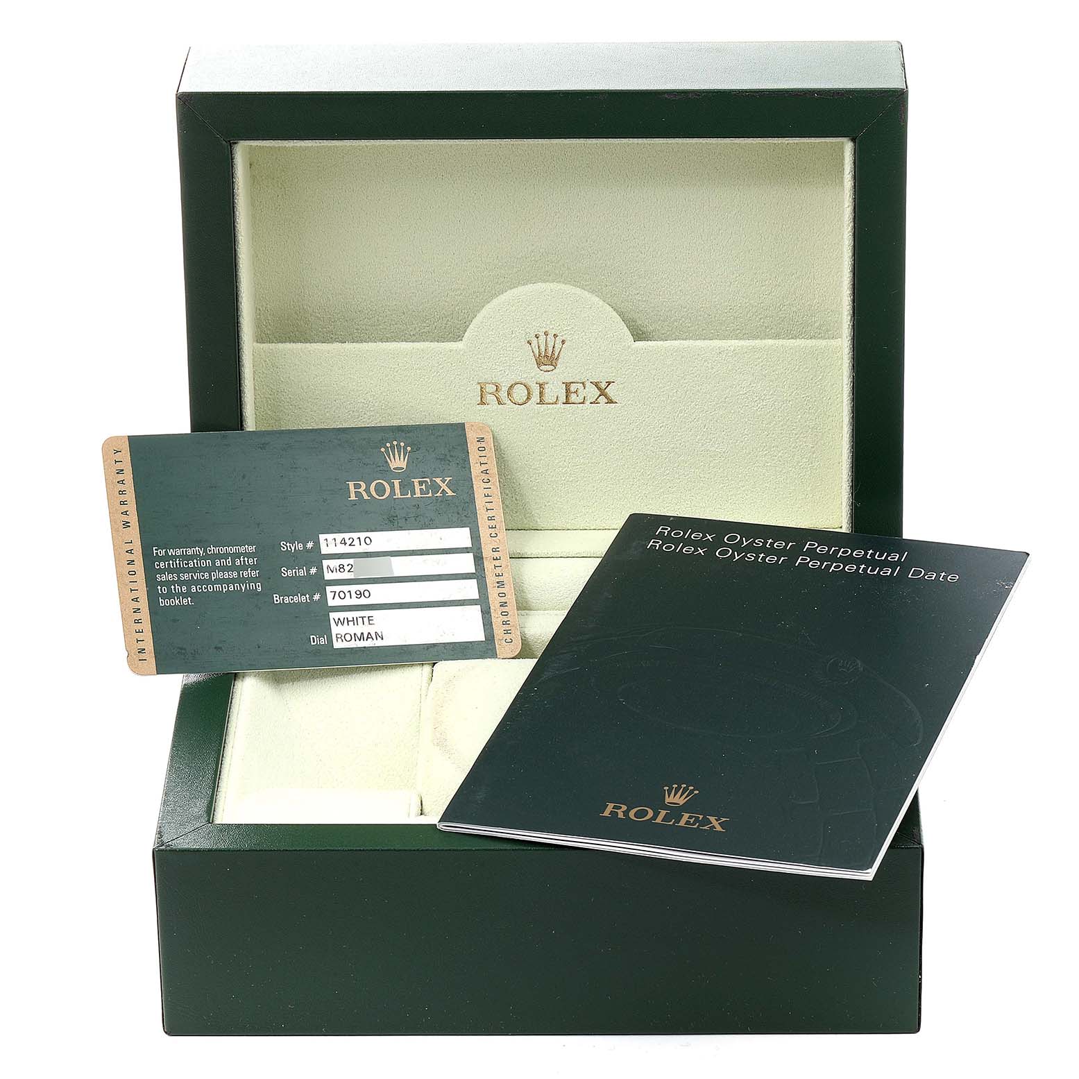 The image shows the packaging for a Rolex Air-King 114210 Men's Stainless Steel White Dial 114210 Men's Stainless Steel White Dial watch, including the warranty card and instruction booklet, viewed from a top angle.