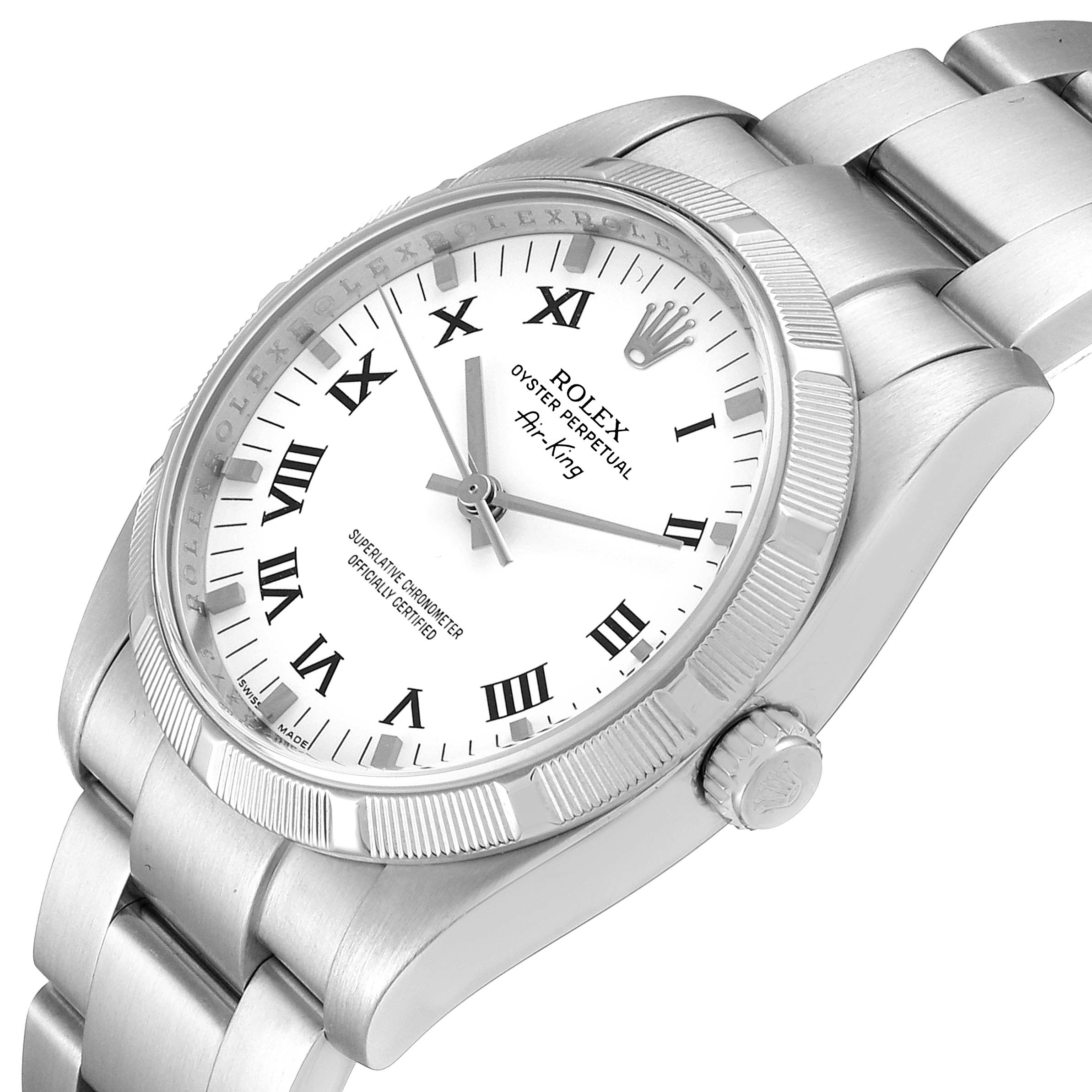 The Rolex Air-King 114210 Men's Stainless Steel White Dial 114210 Men's Stainless Steel White Dial watch is shown at a slight angle, displaying the face, bezel, crown, and part of the bracelet.