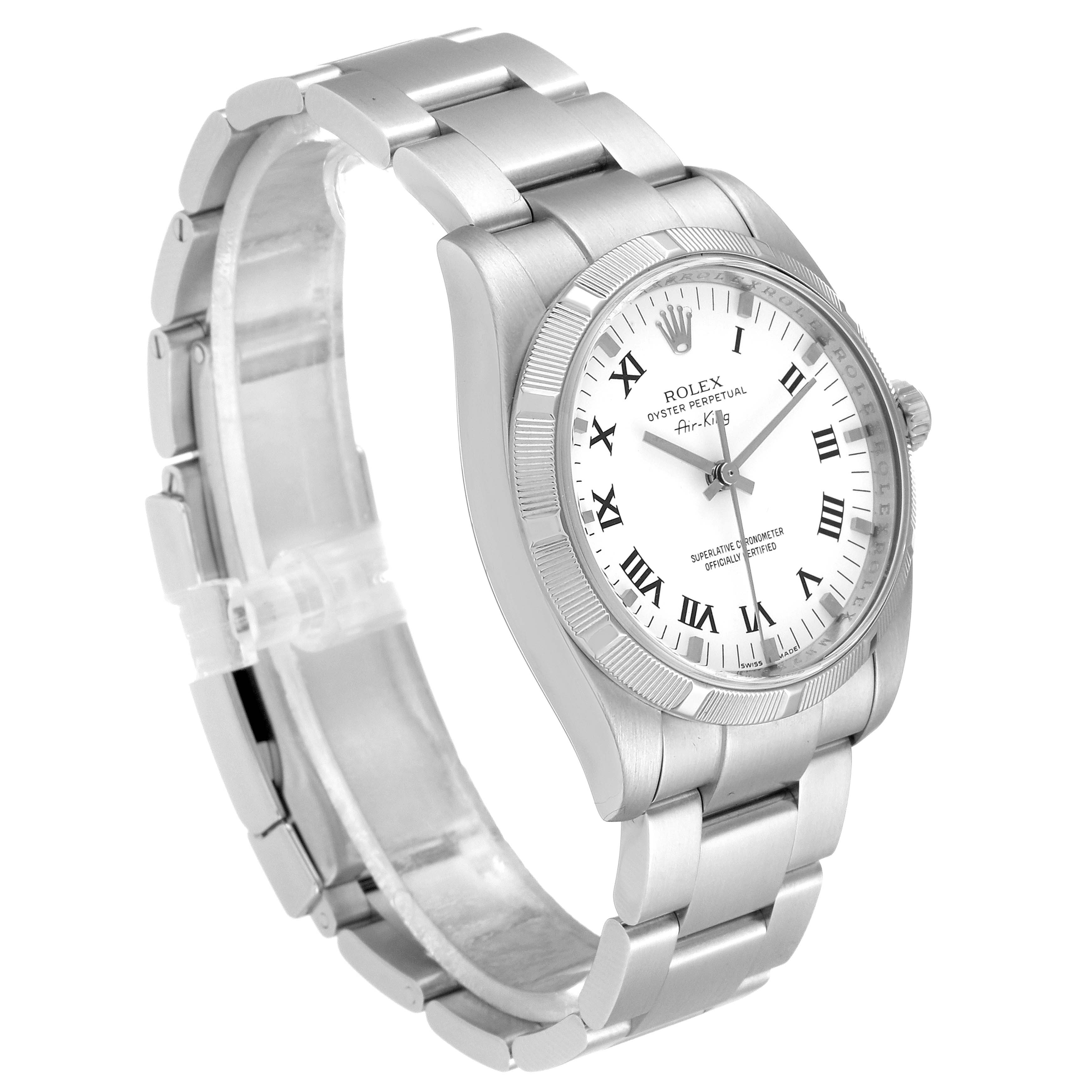 This is a Rolex Air-King 114210 Men's Stainless Steel White Dial 114210 Men's Stainless Steel White Dial watch shown at a three-quarter angle, showcasing the face, bezel, and part of the bracelet.