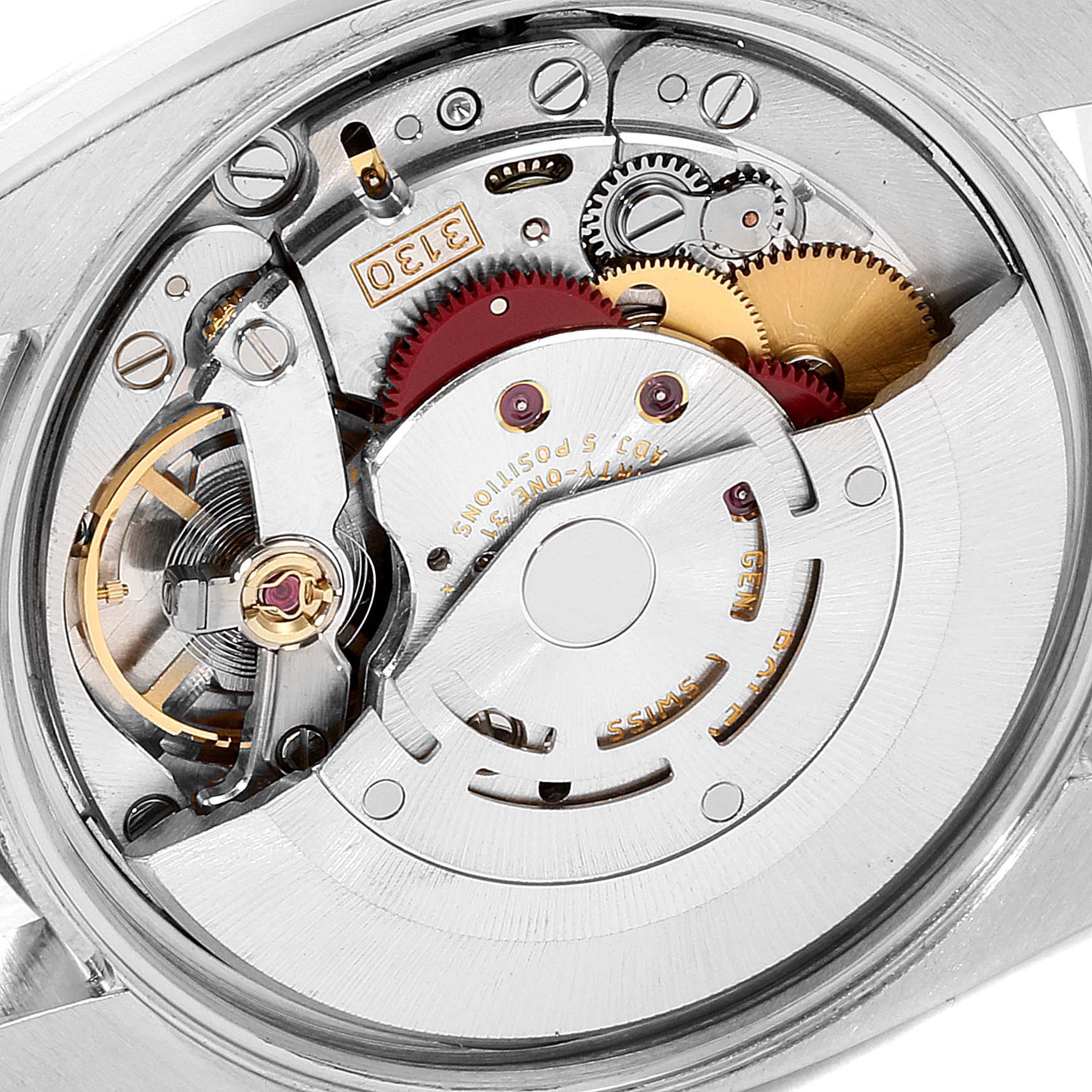 This image shows the detailed inner mechanism of a Rolex Air-King 114210 Men's Stainless Steel White Dial 114210 Men's Stainless Steel White Dial watch from a close-up angle, highlighting gears and movement components.