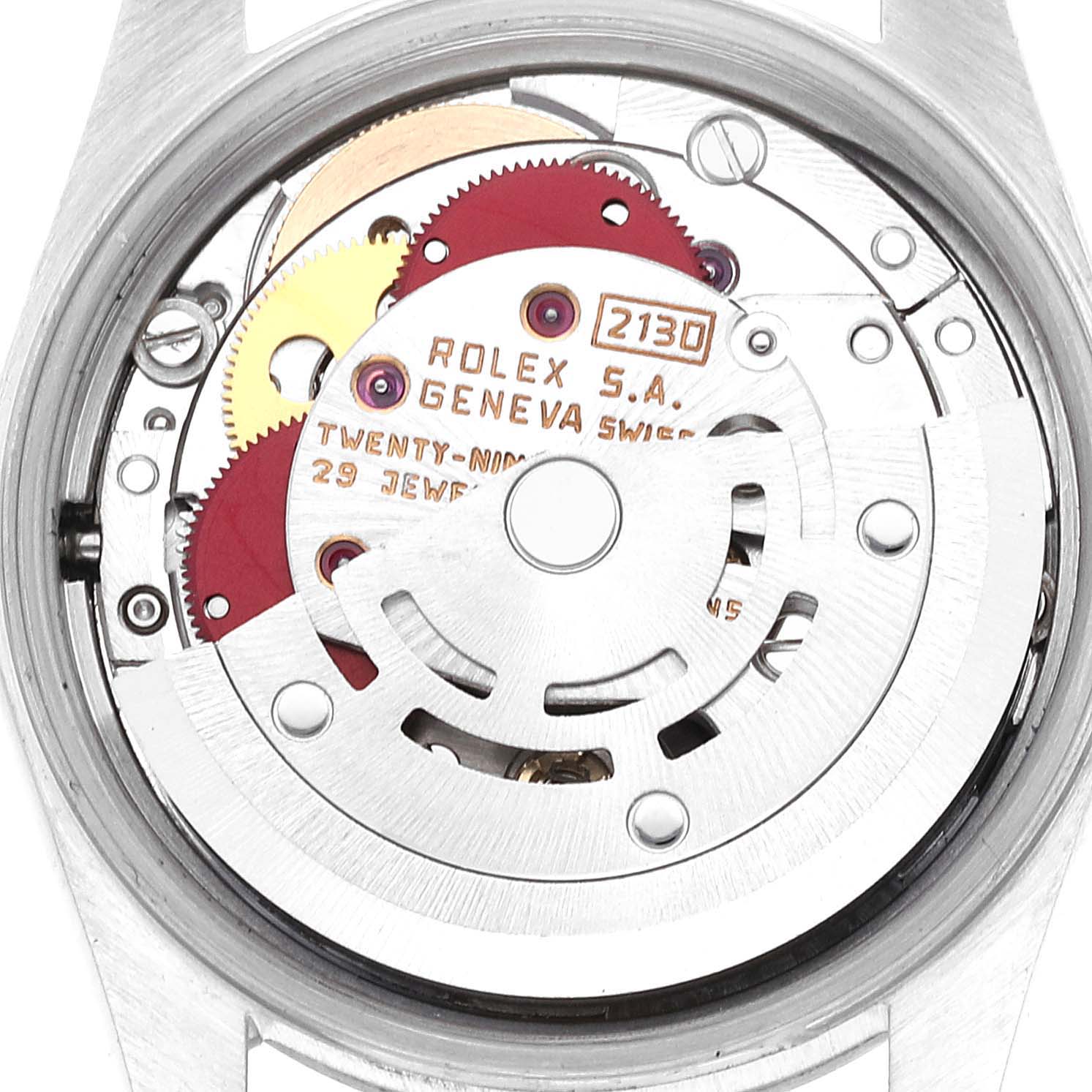 This image shows the internal movement mechanism of a Rolex Oyster Perpetual 67194 Women's Stainless Steel Blue Dial 67194 Women's Stainless Steel Blue Dial watch from a top-down angle.
