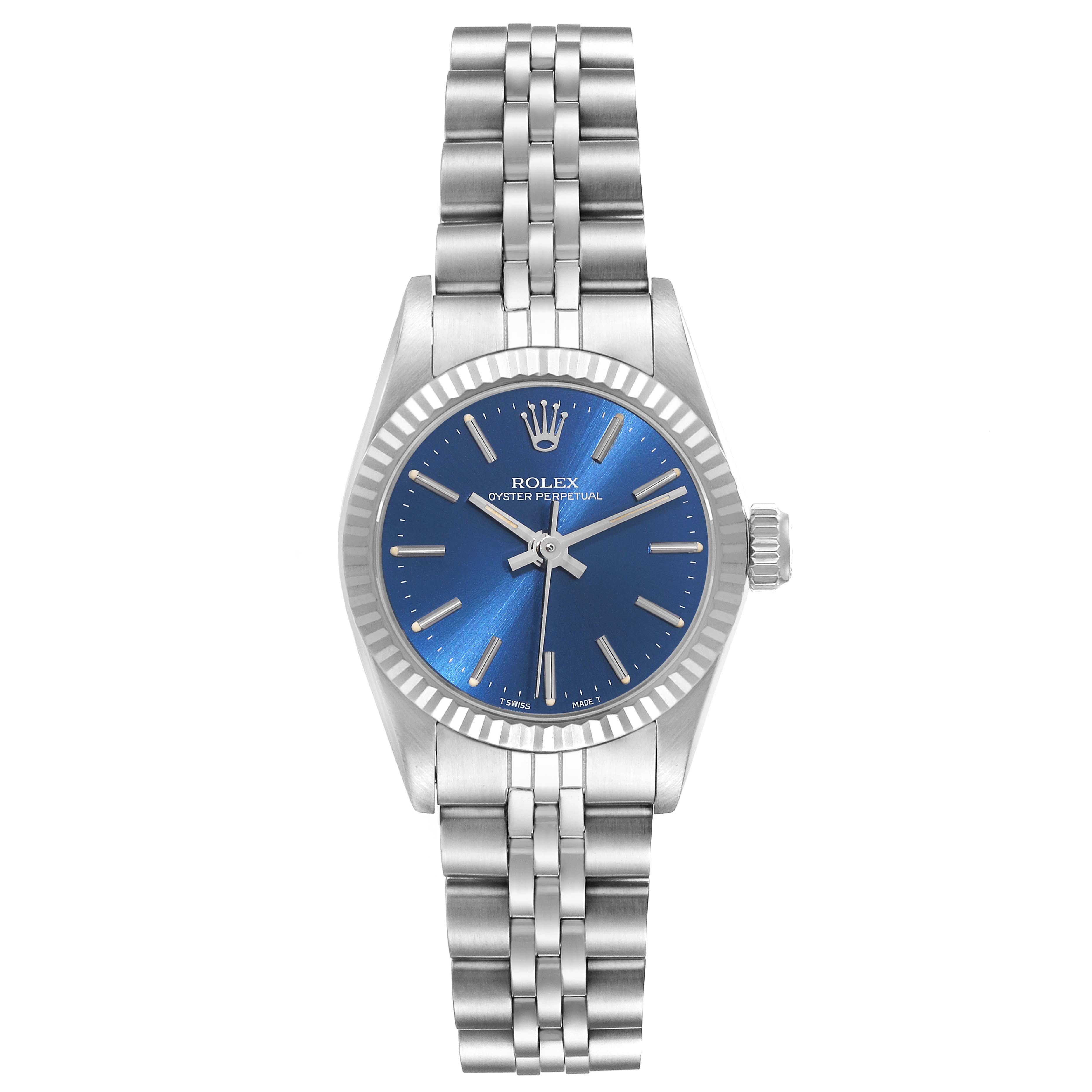 This image displays a Rolex Oyster Perpetual 67194 Women's Stainless Steel Blue Dial 67194 Women's Stainless Steel Blue Dial watch from a top view, highlighting its blue dial, bezel, and bracelet.