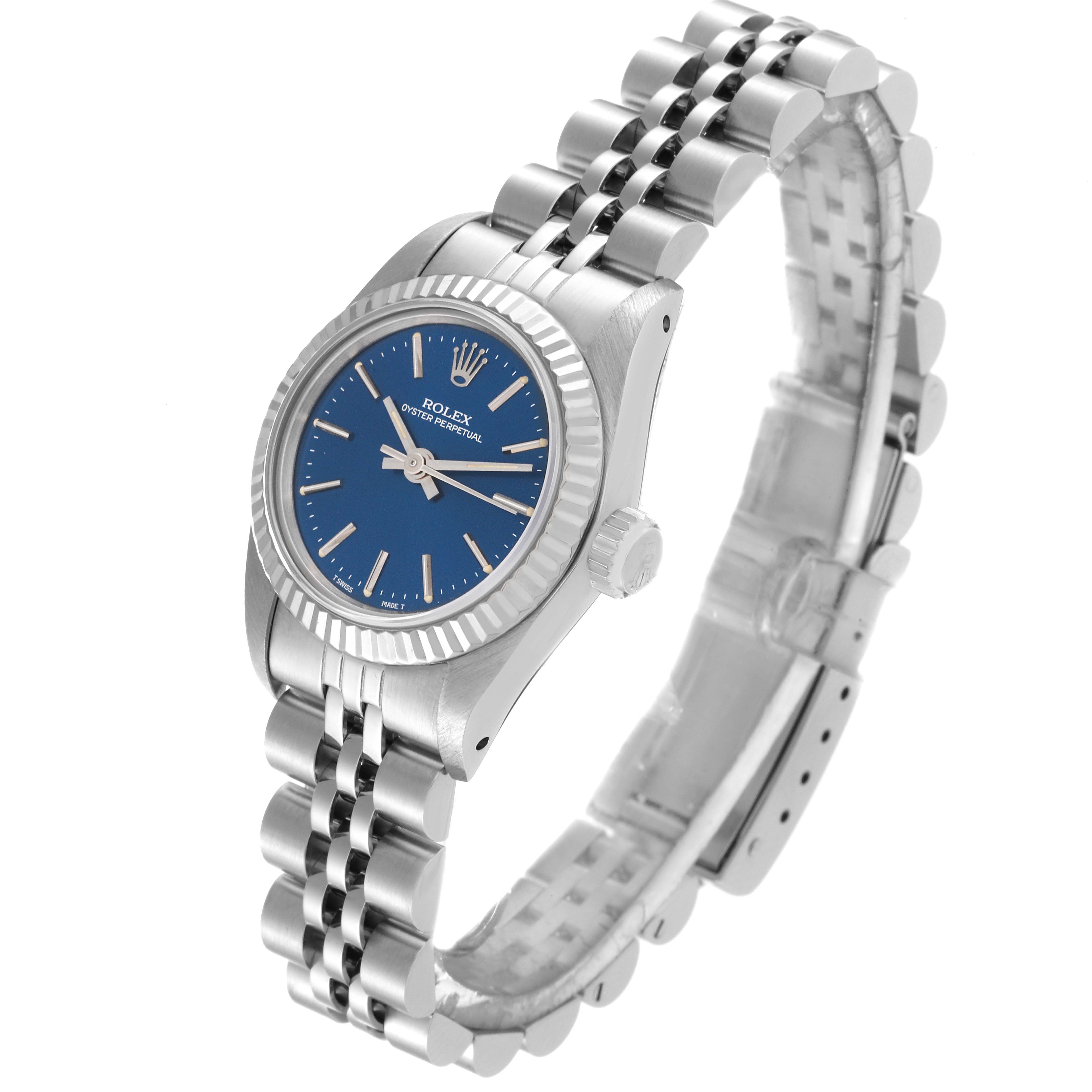 This image shows a Rolex Oyster Perpetual 67194 Women's Stainless Steel Blue Dial 67194 Women's Stainless Steel Blue Dial watch at a three-quarter angle, highlighting the face, bezel, crown, and bracelet.