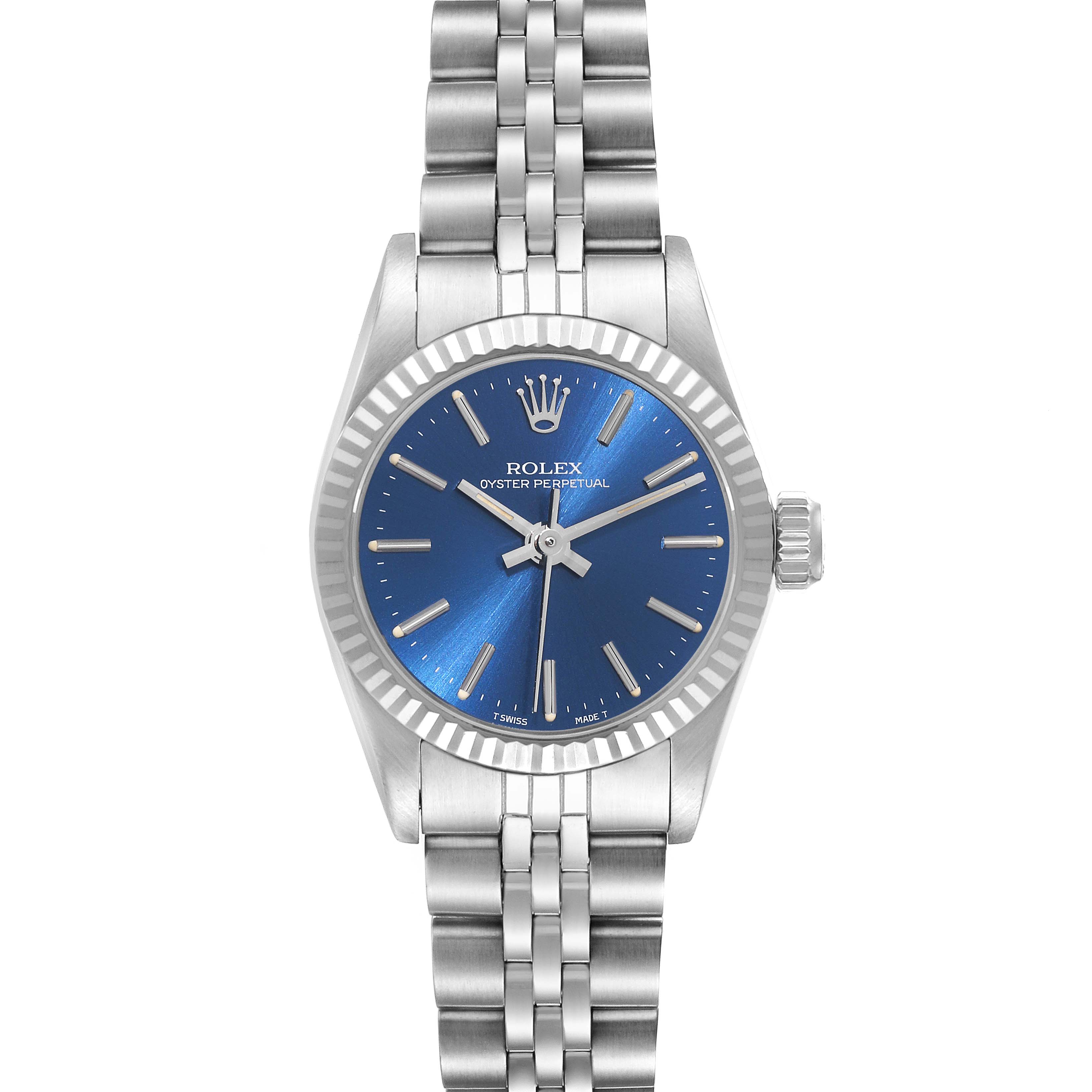 This image shows a front view of the Rolex Oyster Perpetual 67194 Women's Stainless Steel Blue Dial 67194 Women's Stainless Steel Blue Dial watch, displaying its blue dial, stainless steel case, and bracelet.