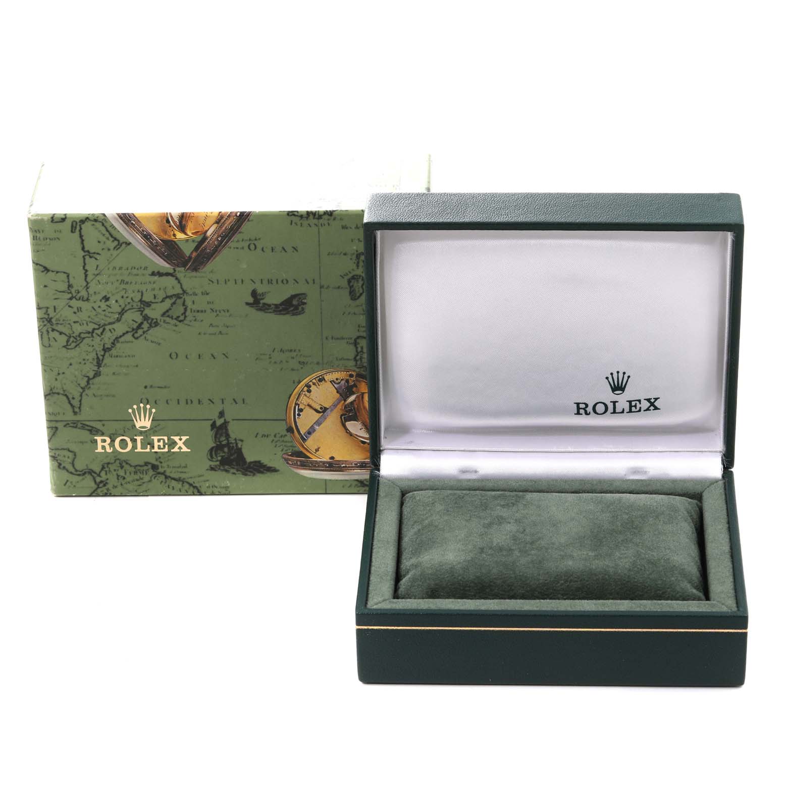 The image shows an open Rolex box with a green cushion inside, next to a matching Rolex-branded outer box featuring a vintage map design.