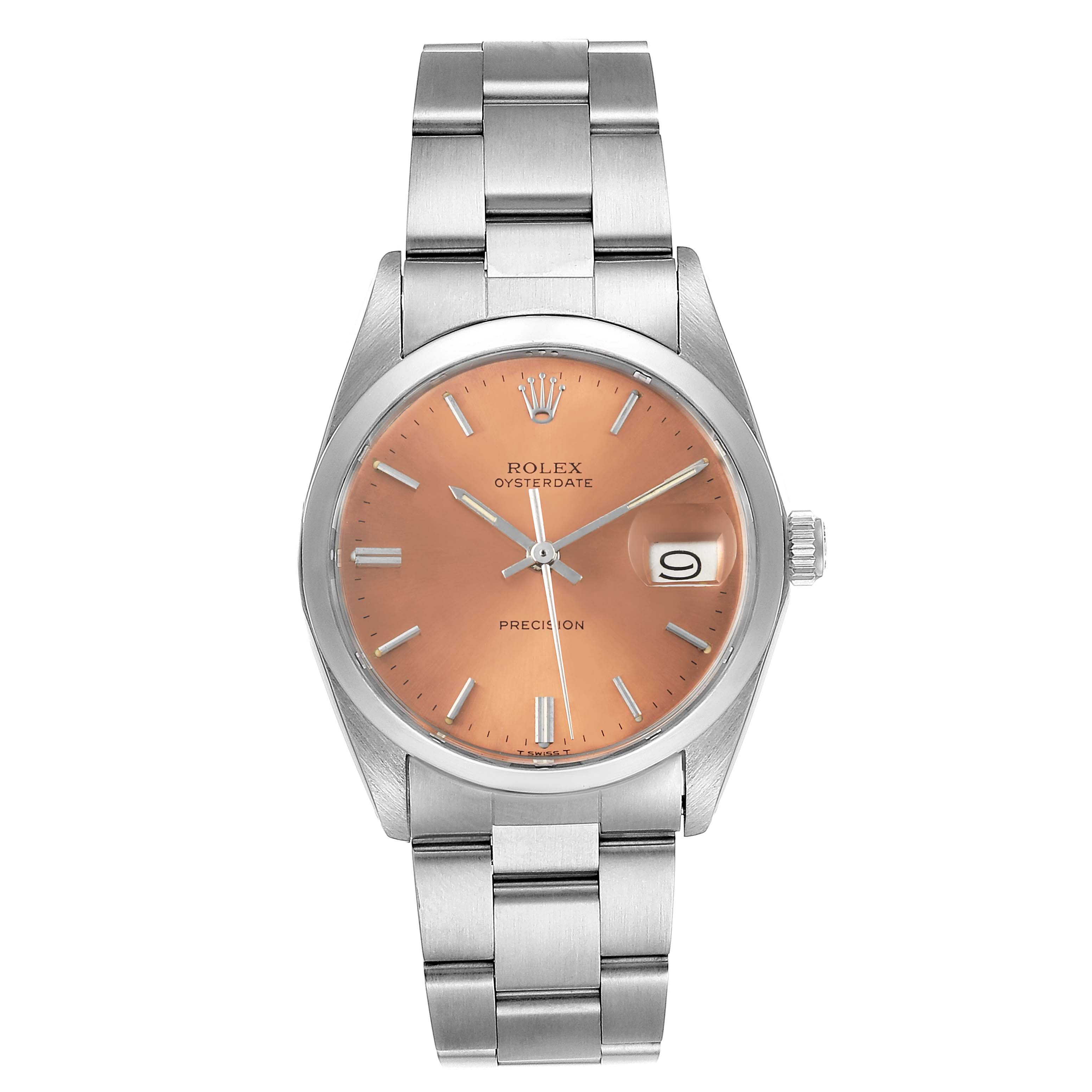 The image shows a front view of the Rolex Vintage Collection 6694 Men's Stainless Steel Brown Dial 6694 Men's Stainless Steel Brown Dial Oysterdate watch with a salmon-colored dial and metal bracelet.