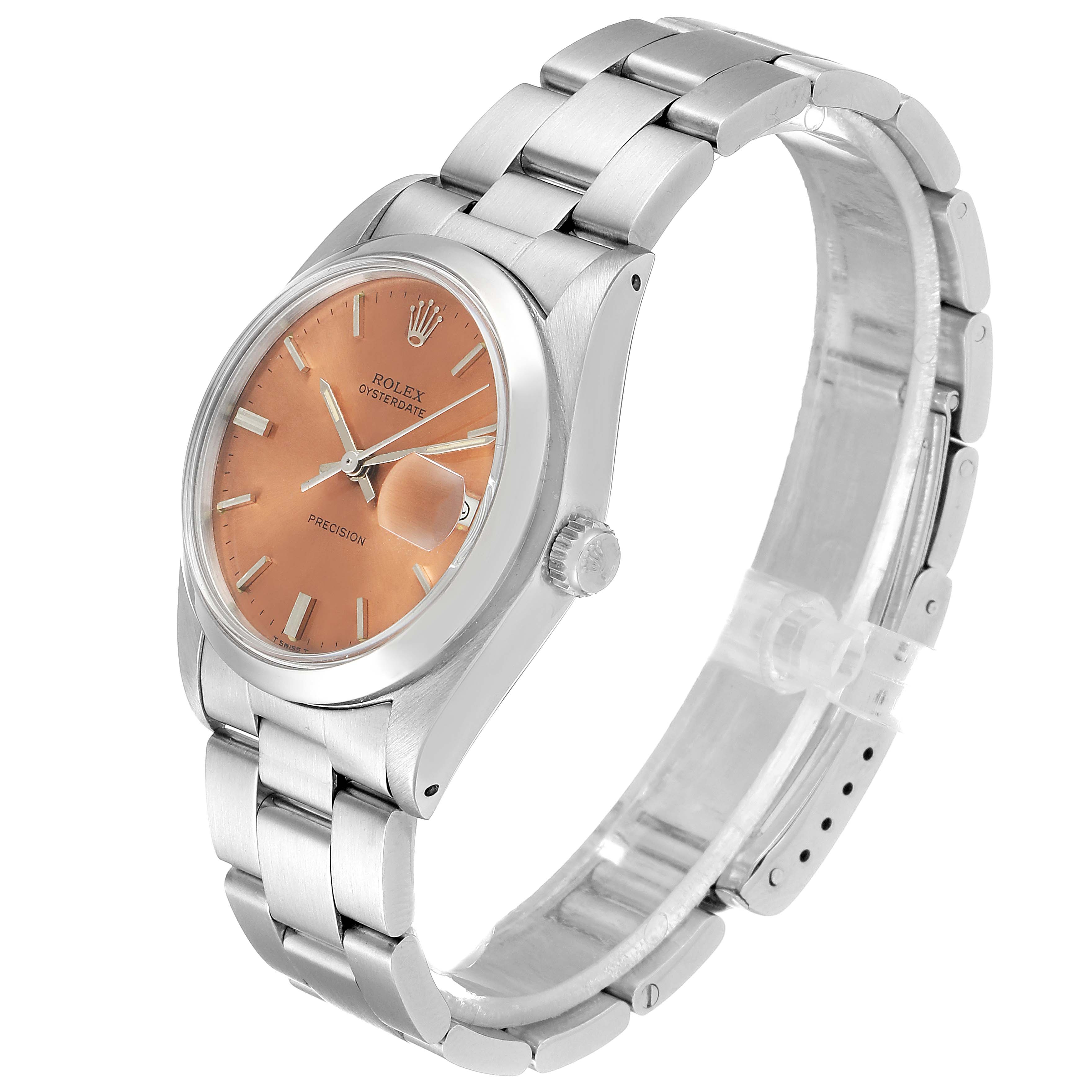 The image shows a side-angle view of a Rolex Vintage Collection 6694 Men's Stainless Steel Brown Dial 6694 Men's Stainless Steel Brown Dial watch, highlighting its orange dial, bezel, crown, and strap.