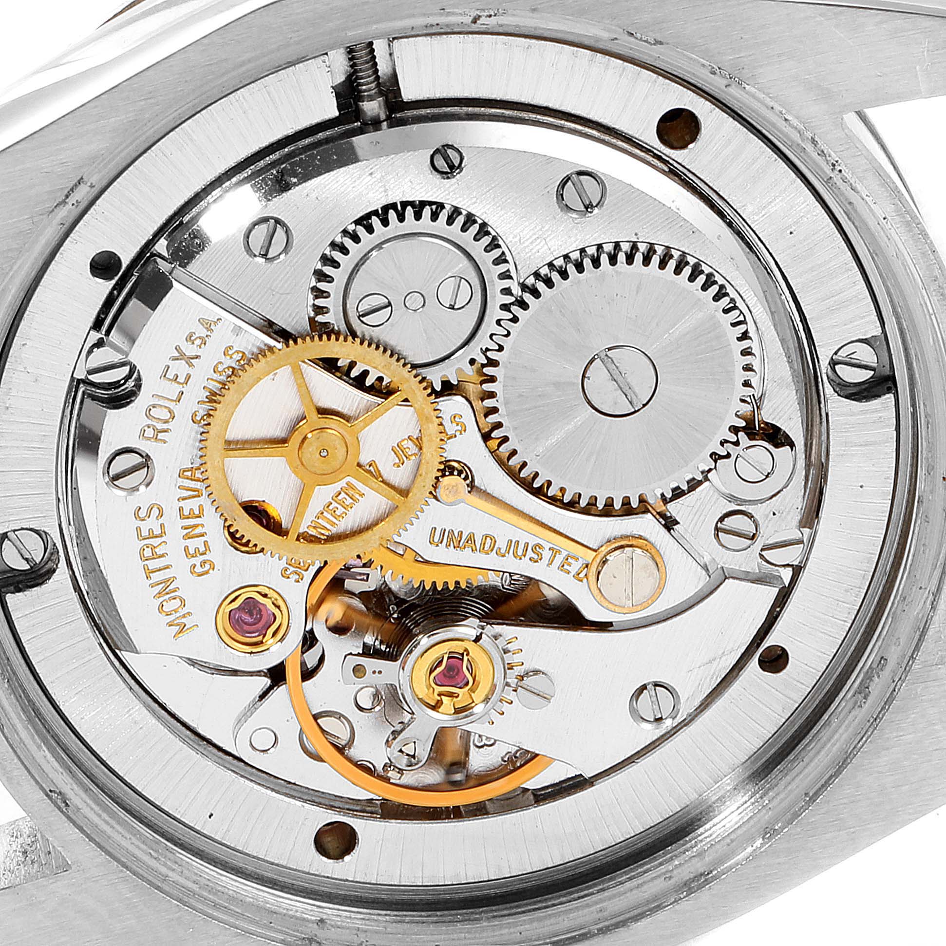 This image shows the detailed inner mechanical movement of the Rolex Vintage Collection 6694 Men's Stainless Steel Brown Dial 6694 Men's Stainless Steel Brown Dial model watch viewed from the back.