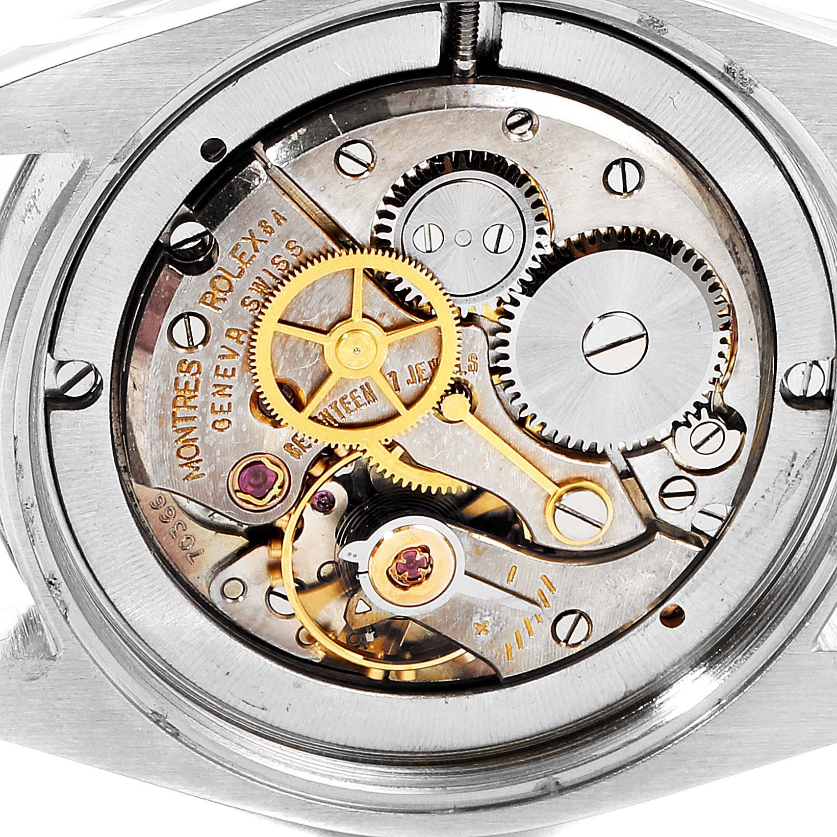 This image shows the internal movement parts of a Rolex Vintage Collection 6694 Men's Stainless Steel Silver Dial 6694 Men's Stainless Steel Silver Dial watch, viewed from the back.