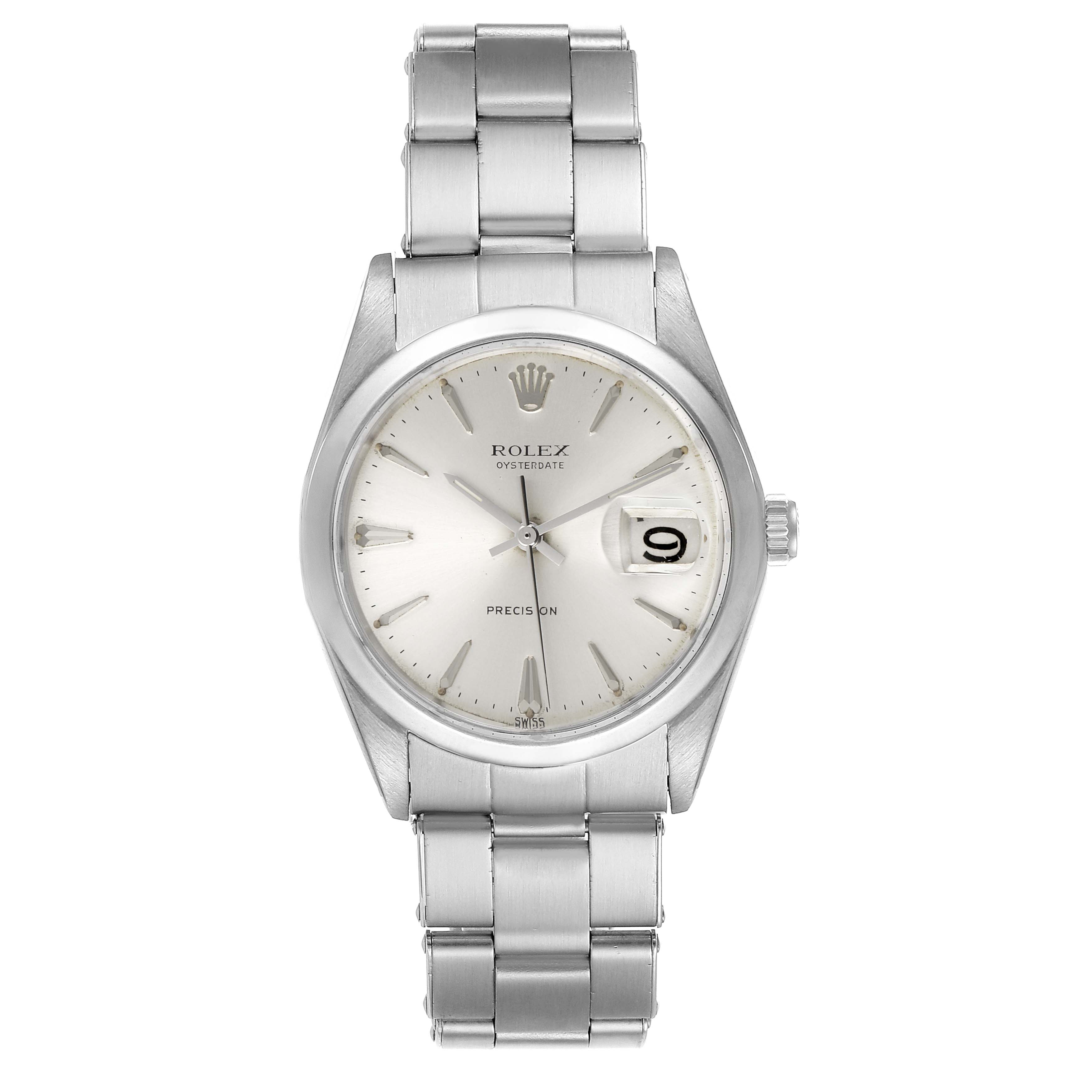 This is a front view of a Rolex Vintage Collection 6694 Men's Stainless Steel Silver Dial 6694 Men's Stainless Steel Silver Dial watch showing the dial, hands, bracelet, and date window.