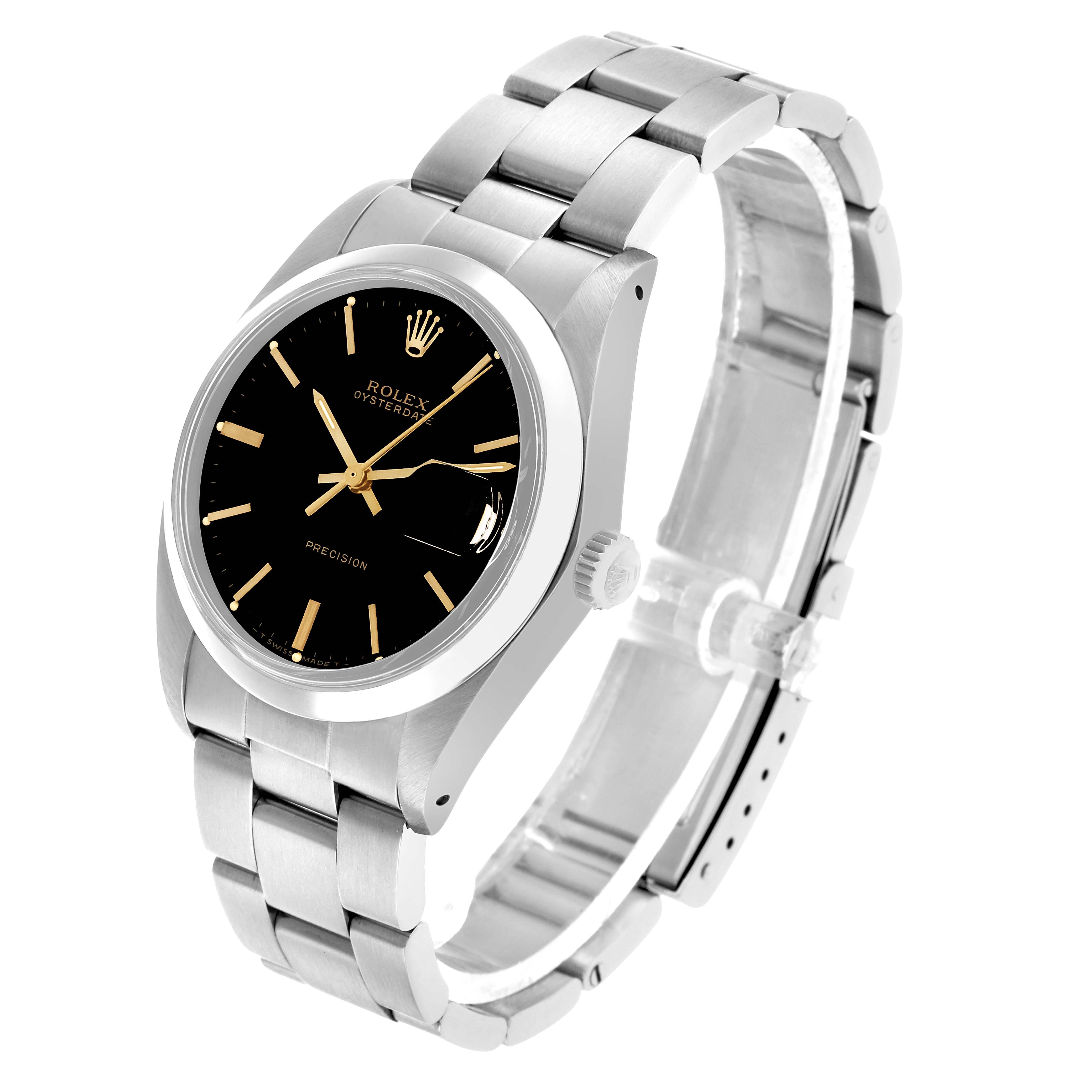 The Rolex Vintage Collection 6694 Men's Stainless Steel Black Dial watch is shown at a slight side angle, displaying its black dial, gold hands, and stainless steel bracelet.